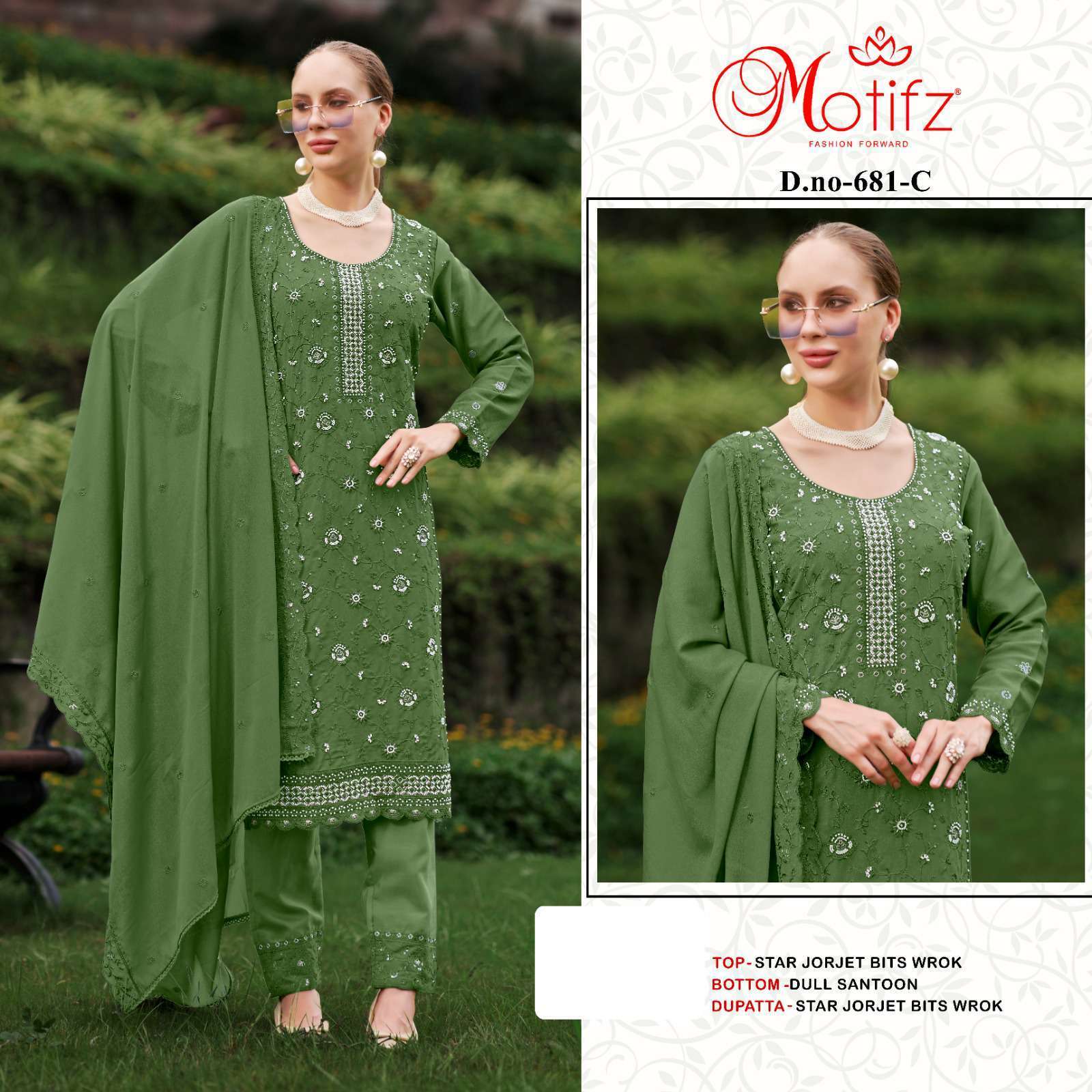 MOTIFZ D 681 COLORS FANCY WORK PAKISTANI SUIT COLLECTION WHOLESALER 