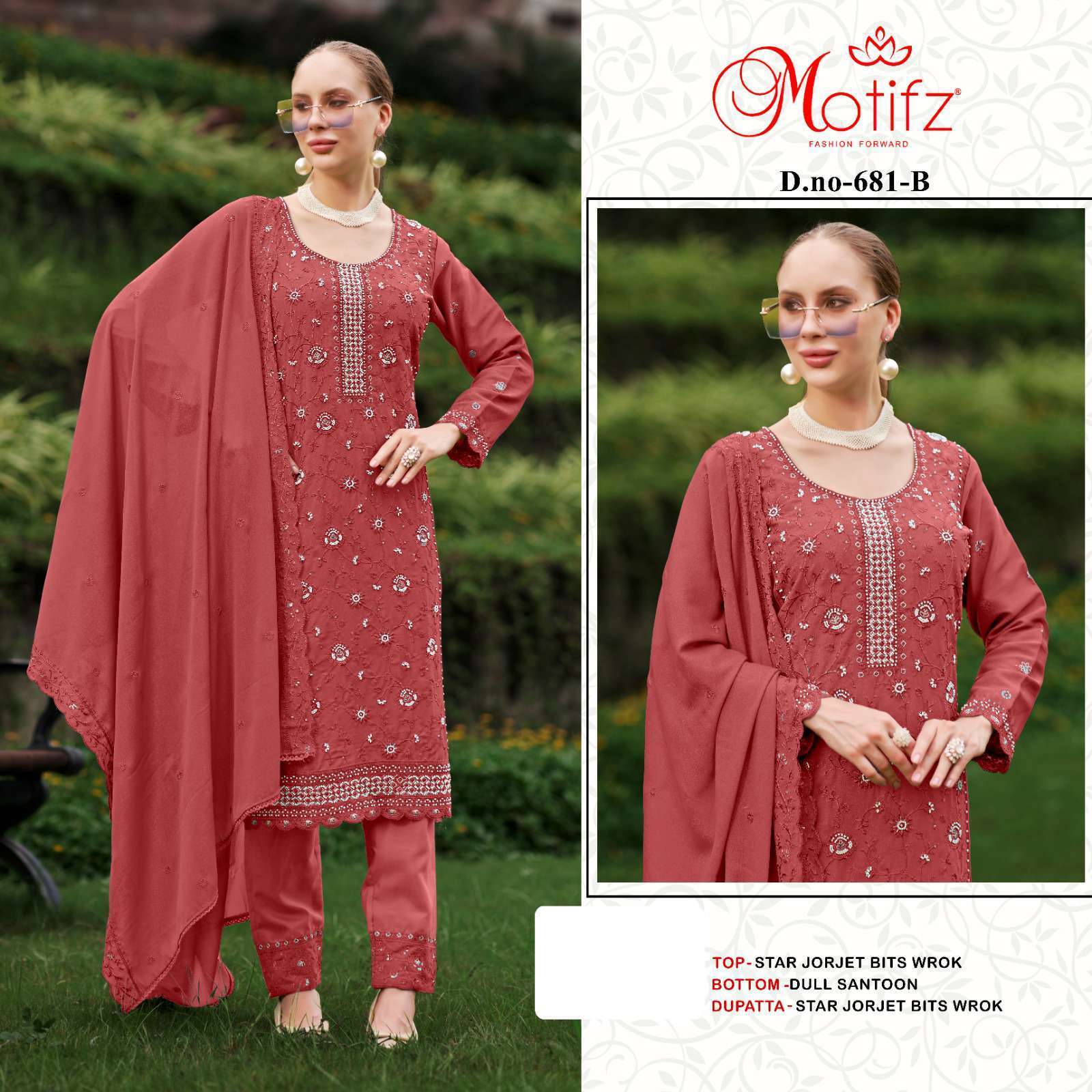 MOTIFZ D 681 COLORS FANCY WORK PAKISTANI SUIT COLLECTION WHOLESALER 