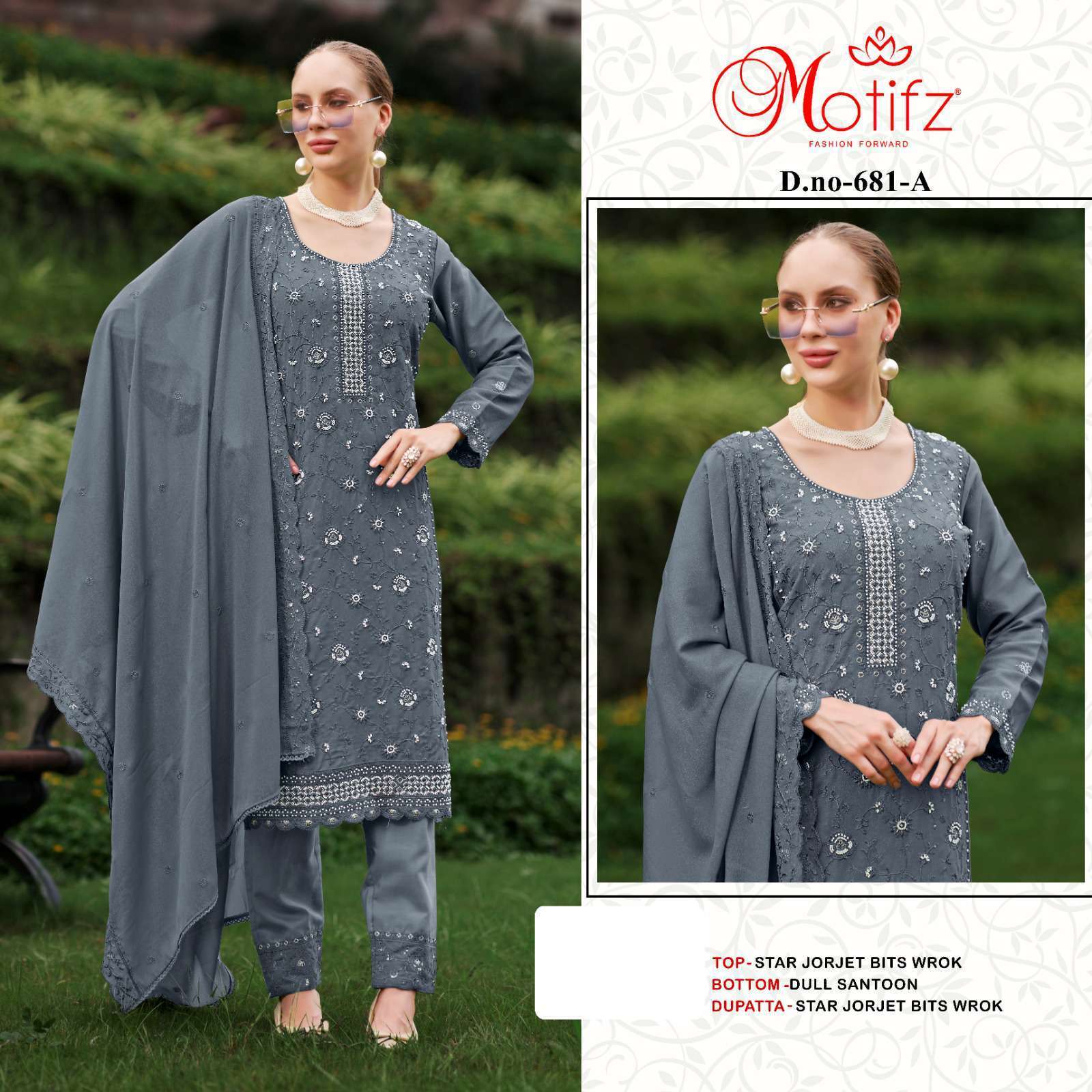 MOTIFZ D 681 COLORS FANCY WORK PAKISTANI SUIT COLLECTION WHOLESALER 