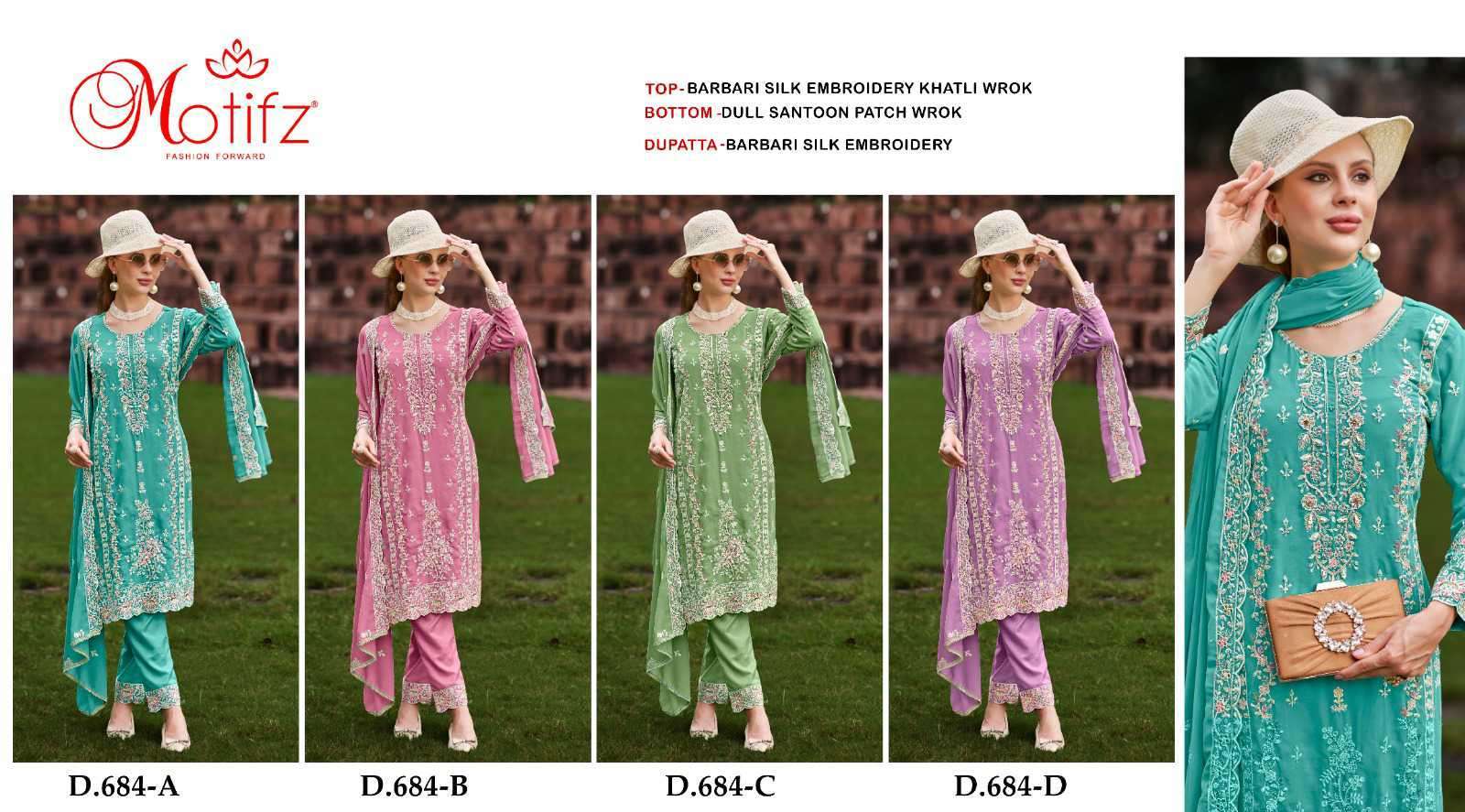 MOTIFZ D 684 COLORS PAKISTANI WORK DESIGNER SUIT CATALOGUE WHOLESALER 2024