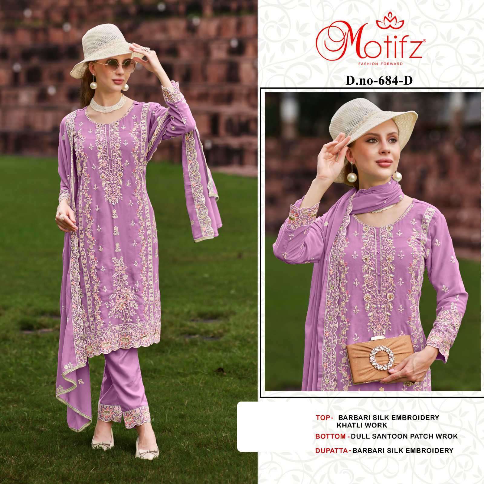 MOTIFZ D 684 COLORS PAKISTANI WORK DESIGNER SUIT CATALOGUE WHOLESALER 2024