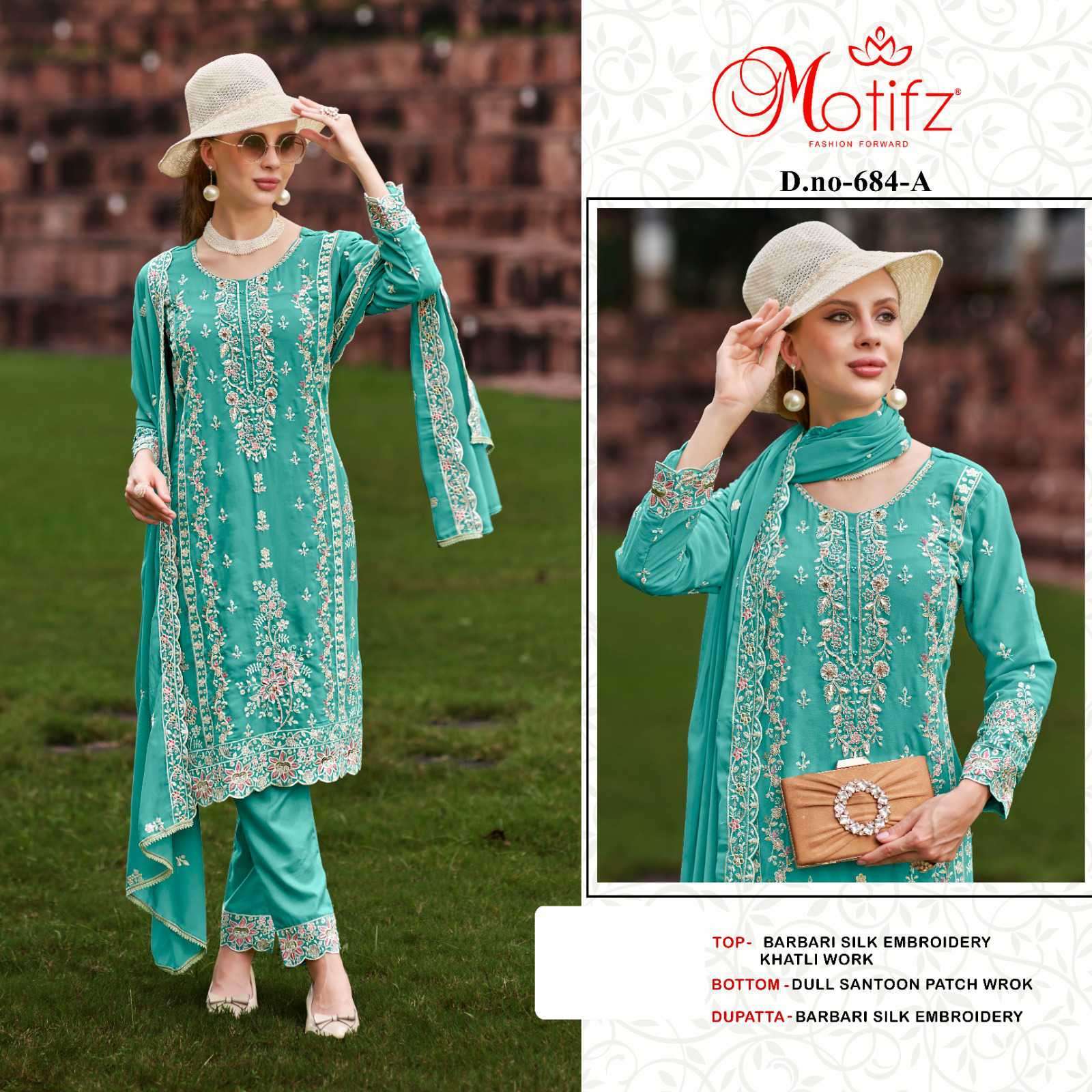 MOTIFZ D 684 COLORS PAKISTANI WORK DESIGNER SUIT CATALOGUE WHOLESALER 2024