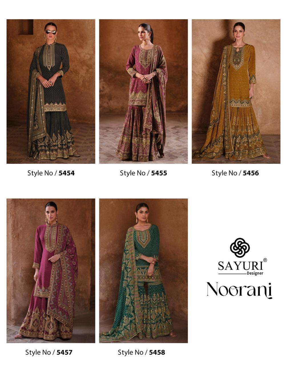 SAYURI NOORANI 5454 TO 5458 DESIGNER GHARARA DRESS CATALOGUE WHOLESALER 2024