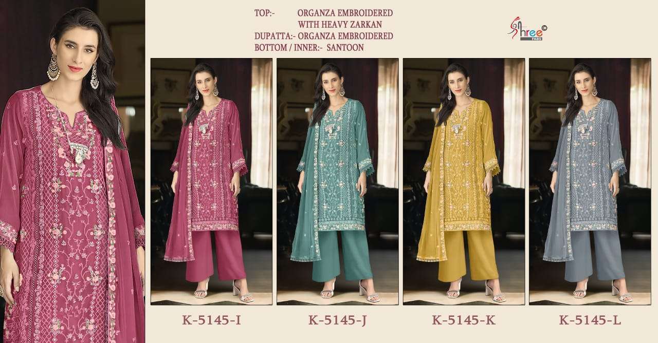 SHREE FAB K 5145 COLORS HEAVY EMBROIDERY ORGANZA SUIT COLLECTION 2024