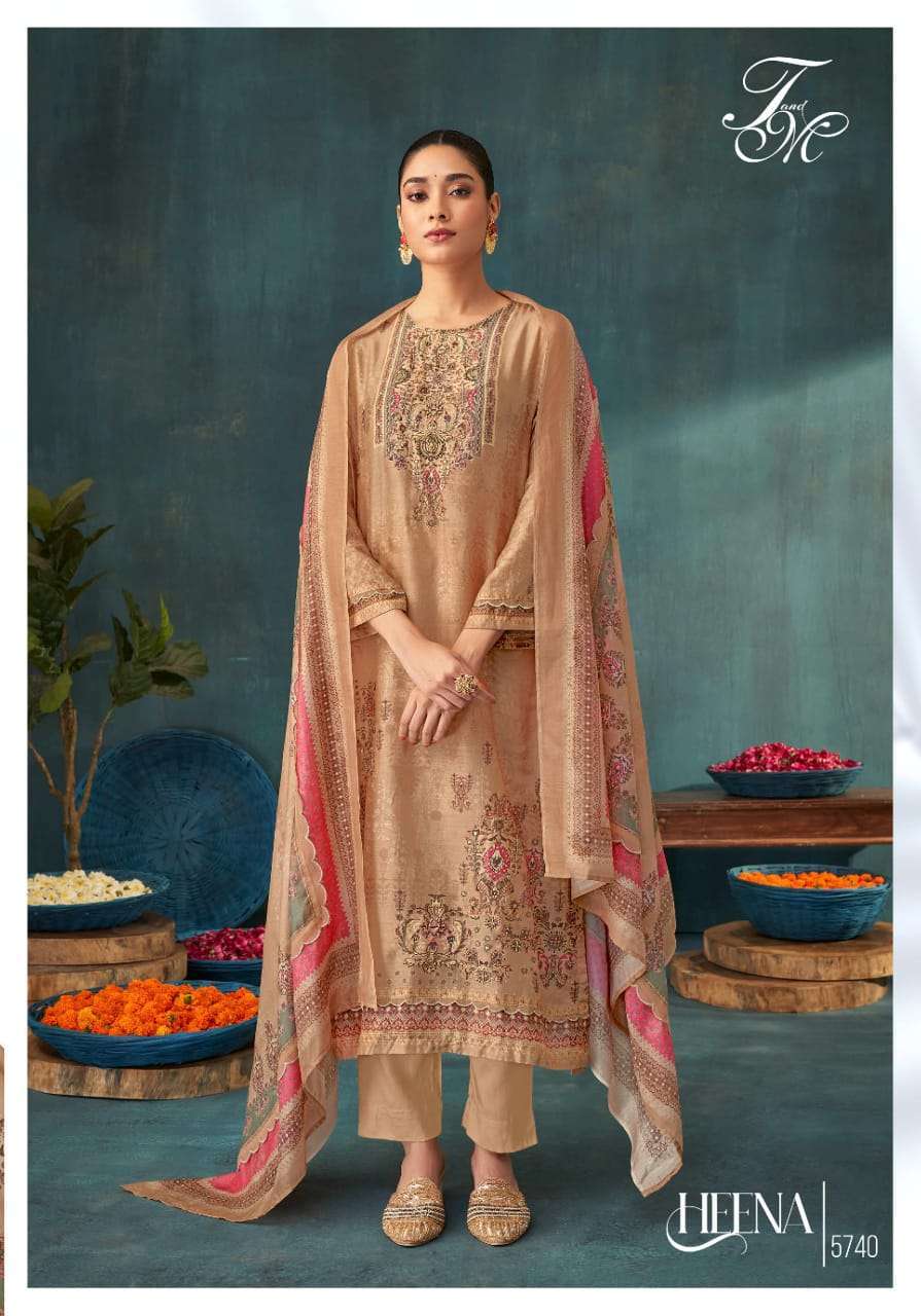 T AND M DESIGNER HEENA DESIGNER MUSLIN SILK SUIT CATALOGUE WHOLESALER 2024