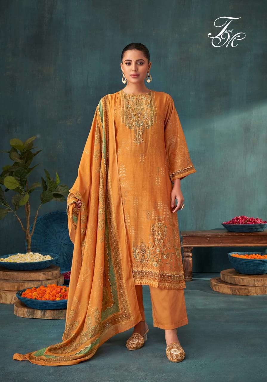 T AND M DESIGNER HEENA DESIGNER MUSLIN SILK SUIT CATALOGUE WHOLESALER 2024