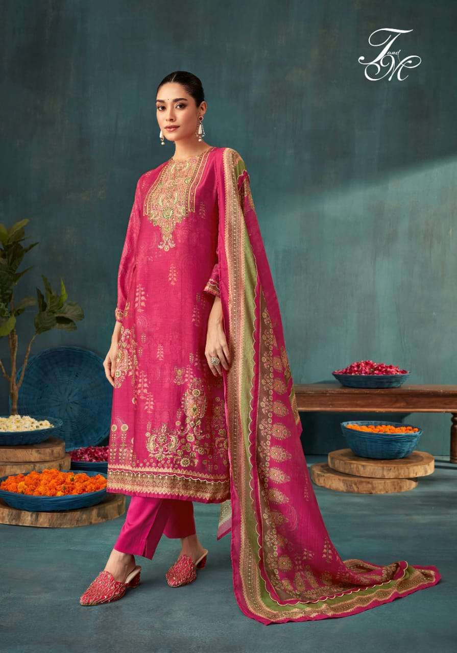 T AND M DESIGNER HEENA DESIGNER MUSLIN SILK SUIT CATALOGUE WHOLESALER 2024