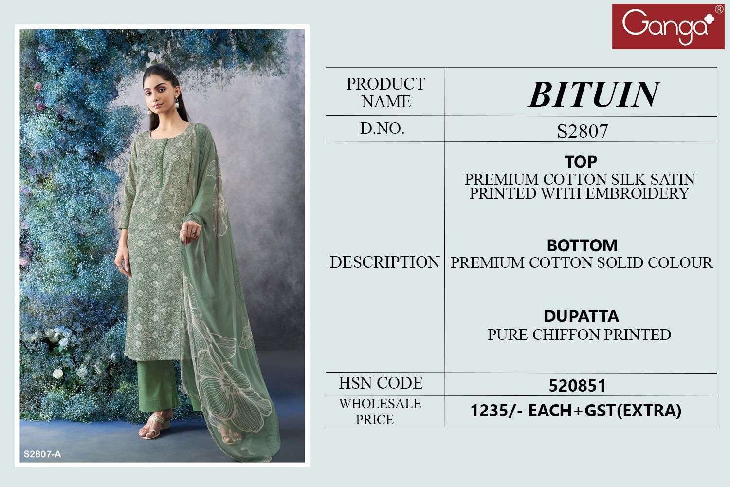 GANGA FASHION BITUIN 2807 PREMIUM COTTON SILK LADIES SUIT CATALOGUE DEALER 2024