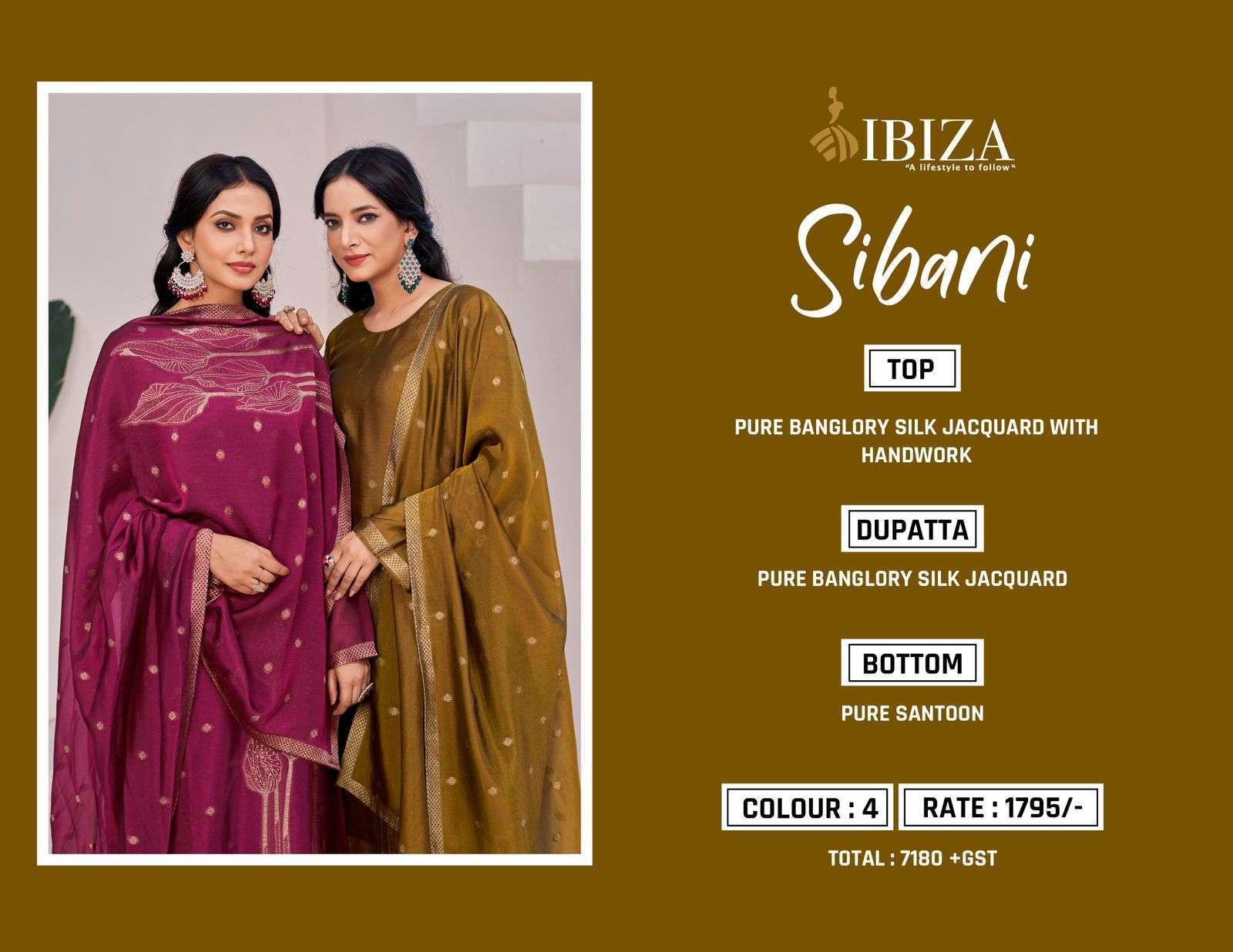 IBIZA SIBANI PURE BANGLORY SILK LADIES SUIT CATALOG SUPPLIER IN SURAT 