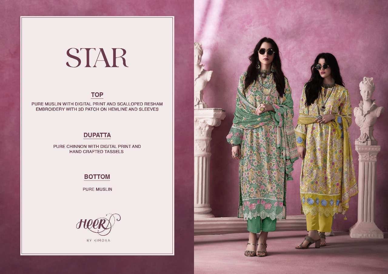 KIMORA HEER STAR PURE MUSLIN DESIGNER EXCLUSIVE SUIT CATALOG DEALER IN SURAT 2024