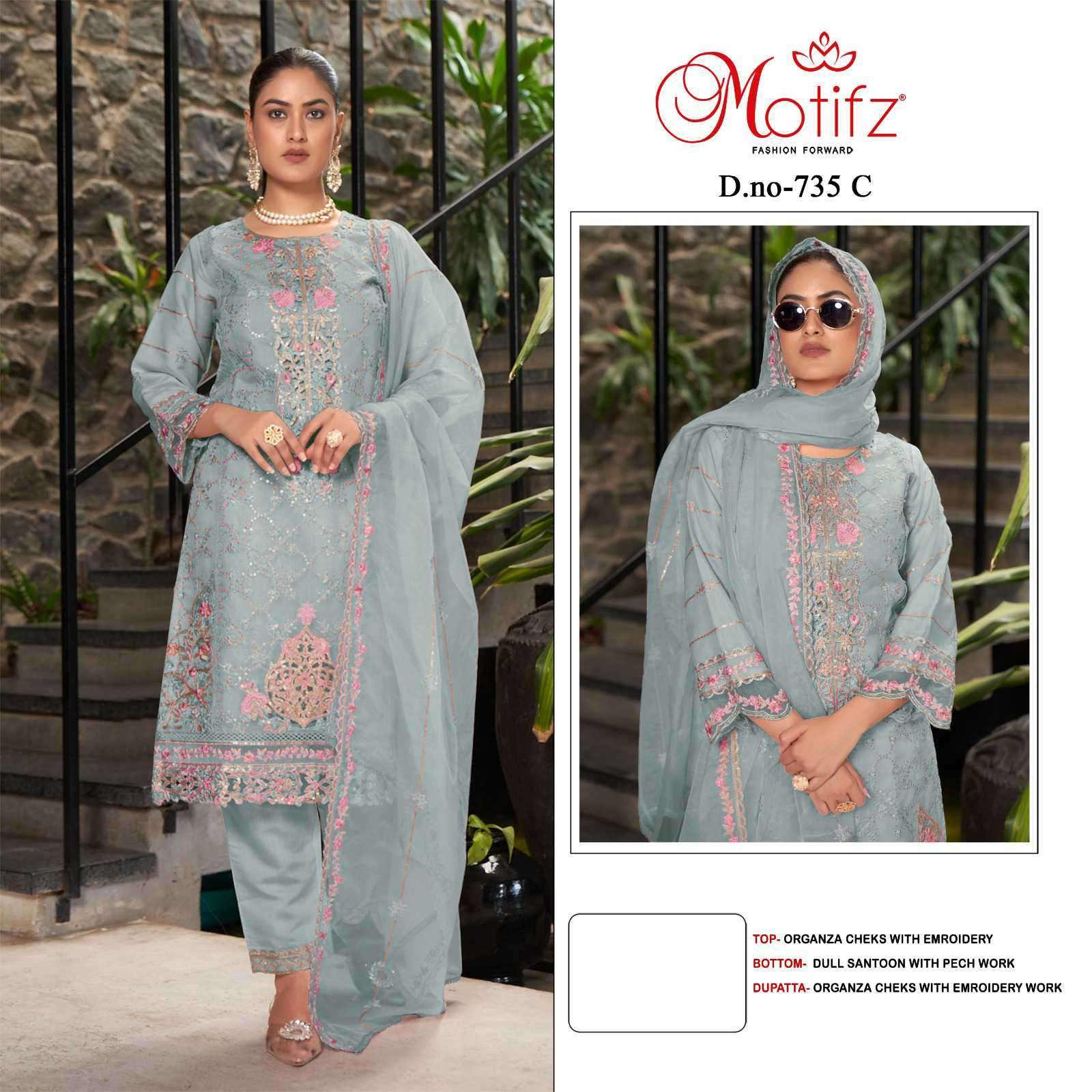 MOTIFZ D 735 COLORS DESIGNER WORK PAKISTANI ORGANZA SUTI WHOLESALER 