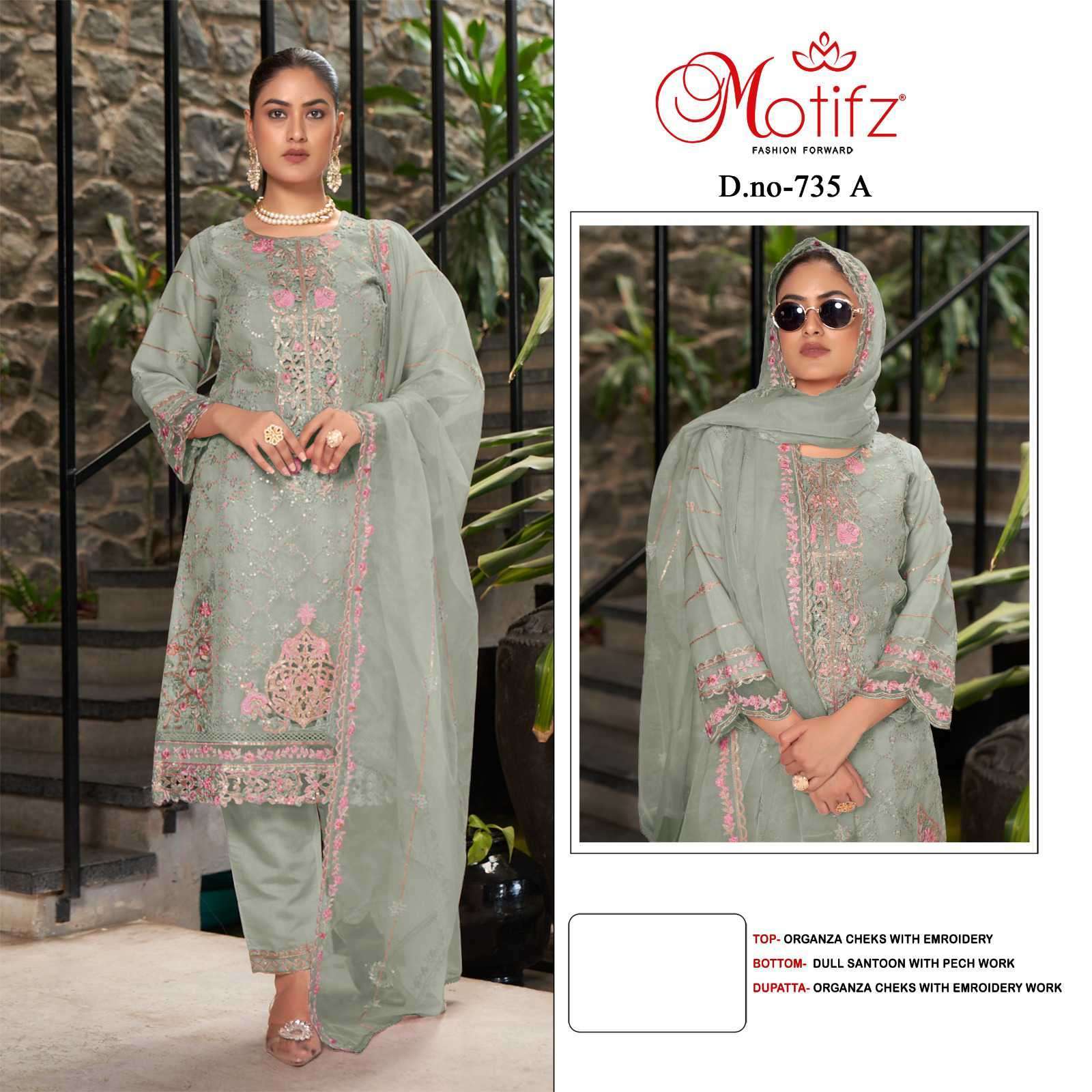 MOTIFZ D 735 COLORS DESIGNER WORK PAKISTANI ORGANZA SUTI WHOLESALER 