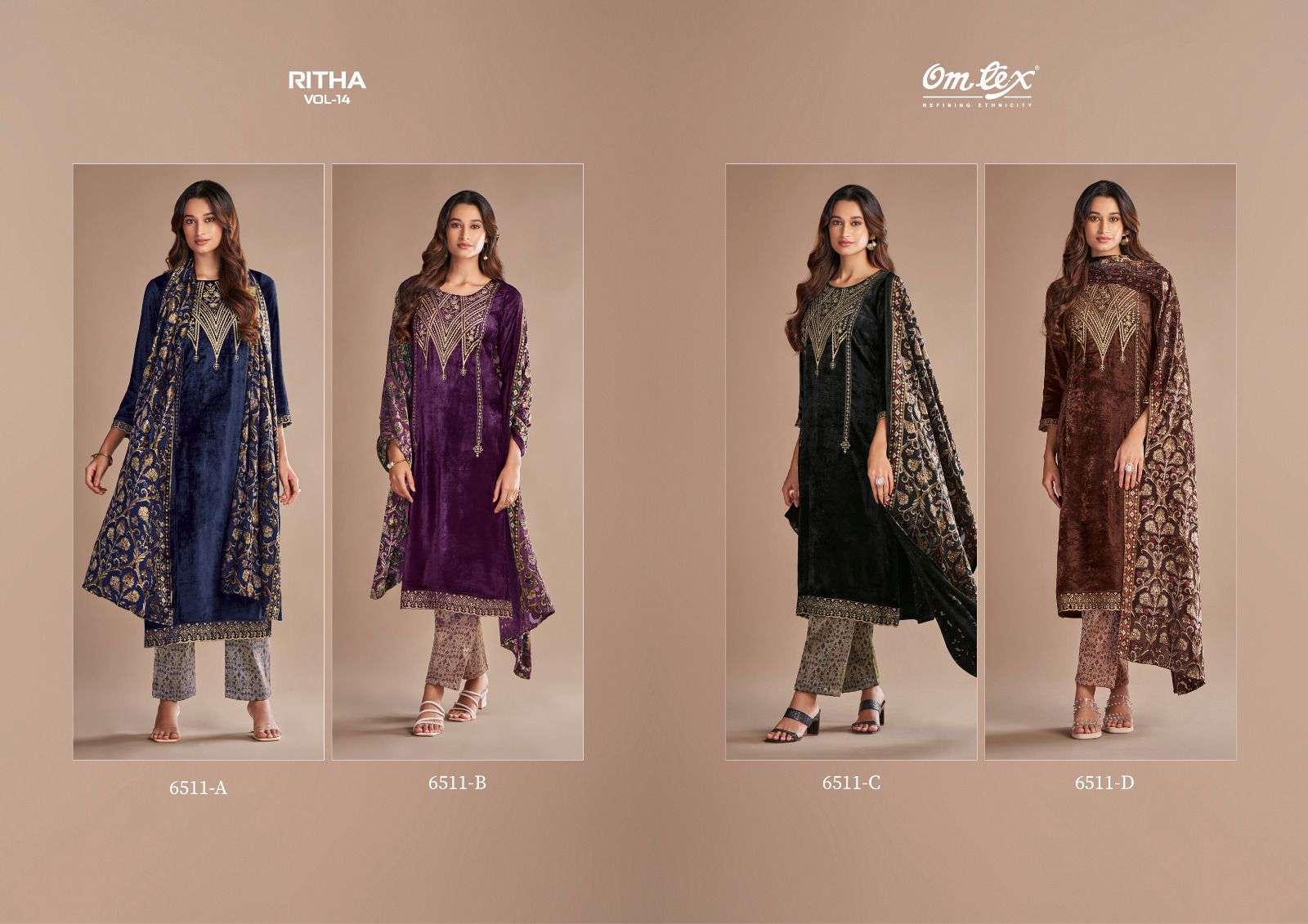 OMTEX RITHA VOL 14 PURE VISCOSE VELVET DESIGNER SUIT CATALOGUE WHOLESALER 2024