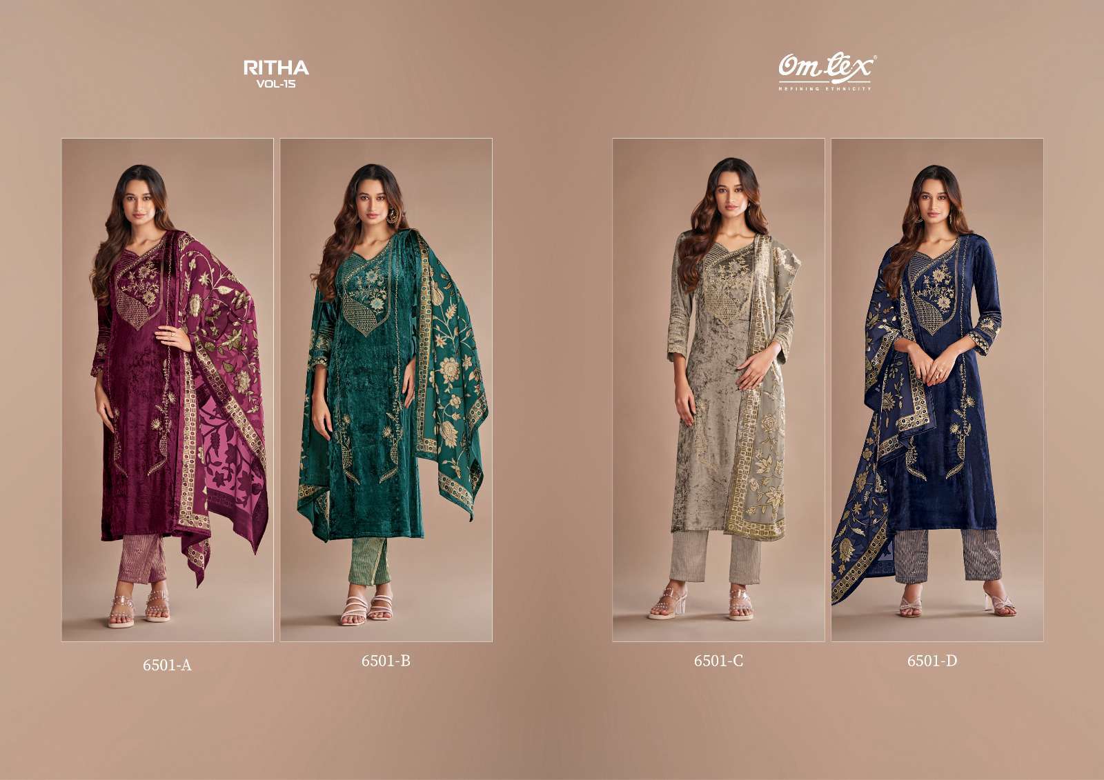 OMTEX RITHA VOL 15 PURE VISCOSE VELVET DESIGNER SUIT CATALOGUE WHOLESALER 2024