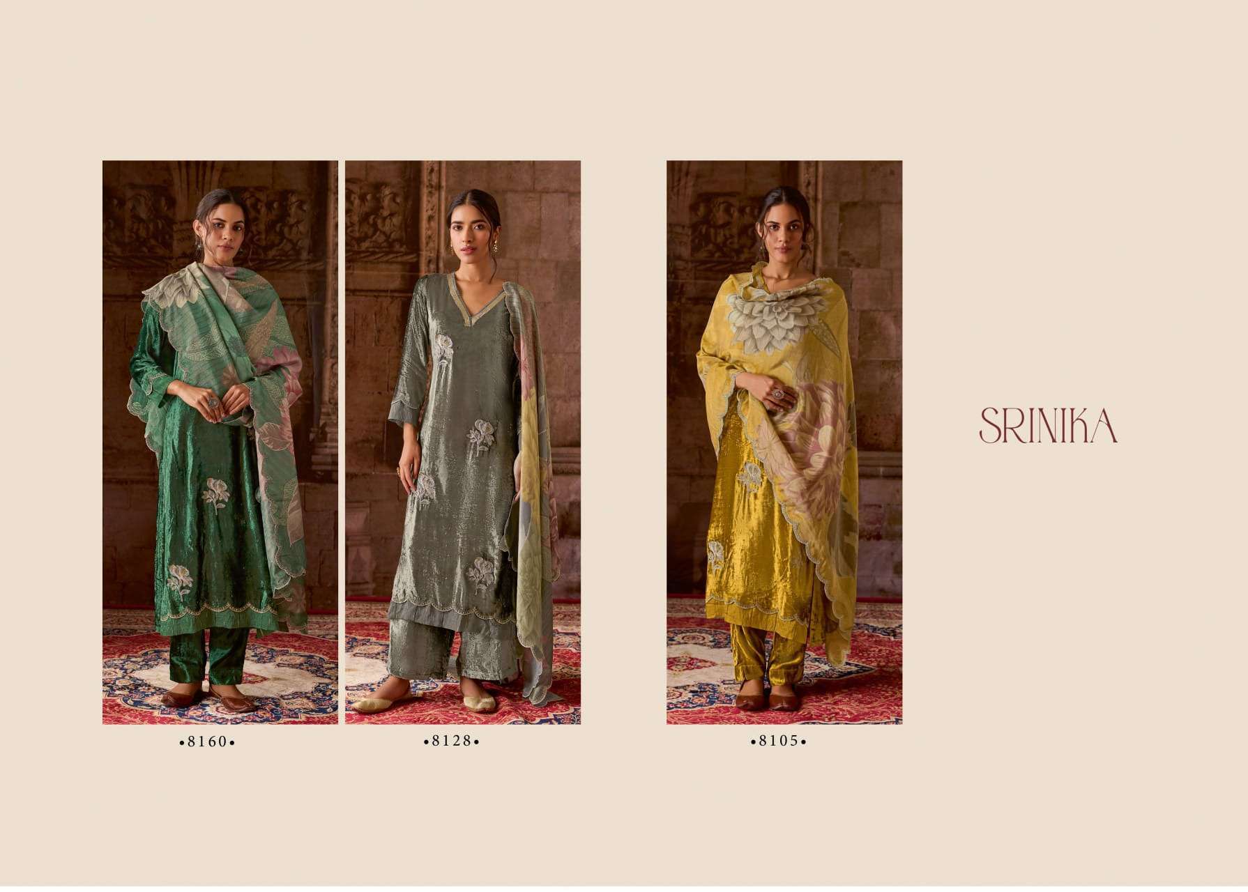 SAHIBA SRINIKA PARTYWEAR VELVET DESIGNER SUIT LATEST CATALOGUE DEALER 2024
