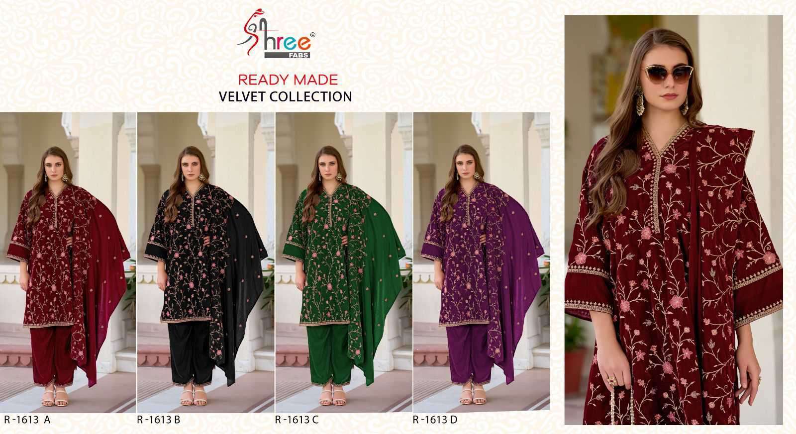 SHREE FAB R 1613 COLORS PAKISTANI READYMADE VELVET DRESS COLLECTION WHOLESALE PRICE 