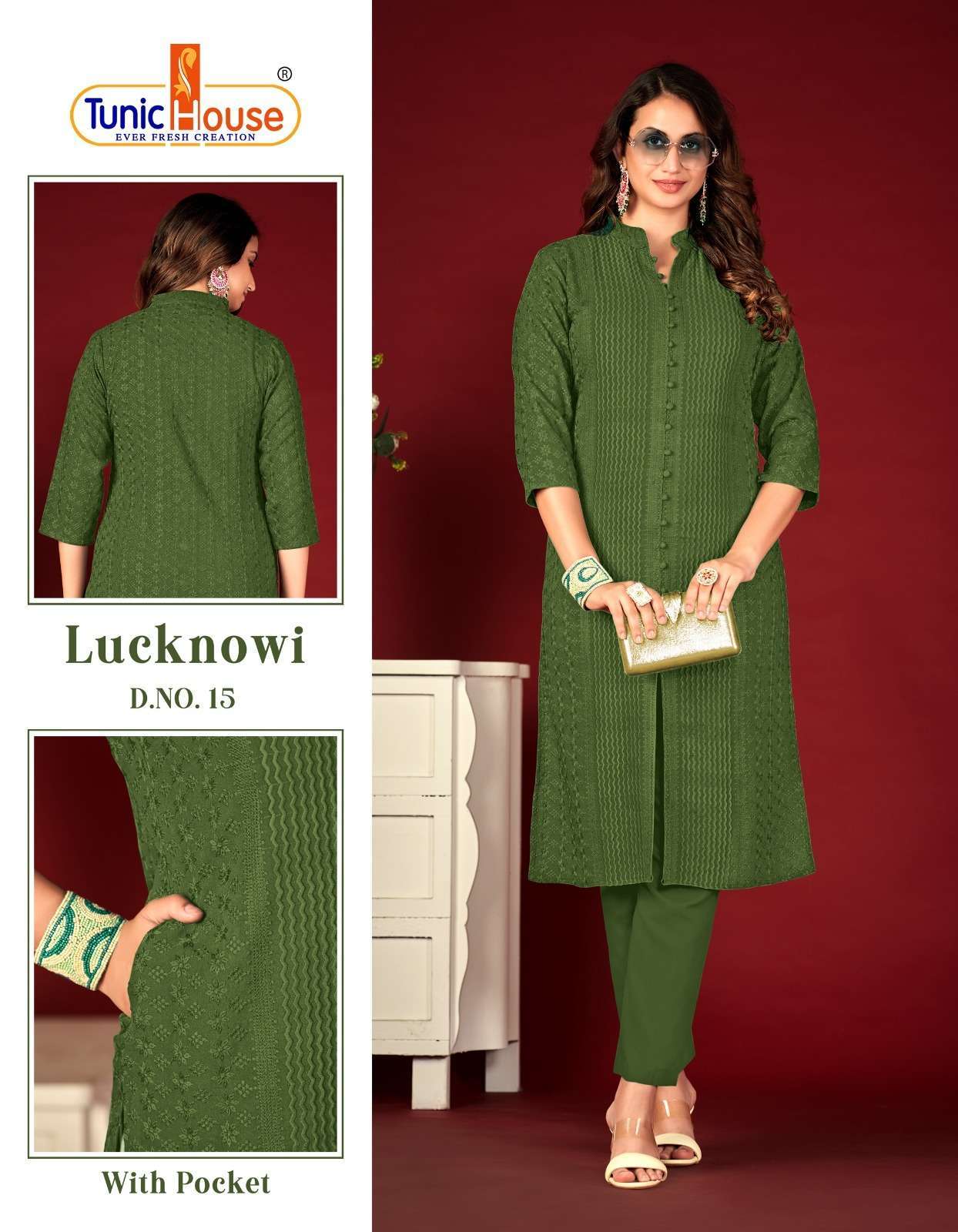 TUNIC HOUSE LUCKNOWI NEW COLORS HEVAY CHIKANKARI KURTI PANT DESIGN COLLECTION WHOLESALER 