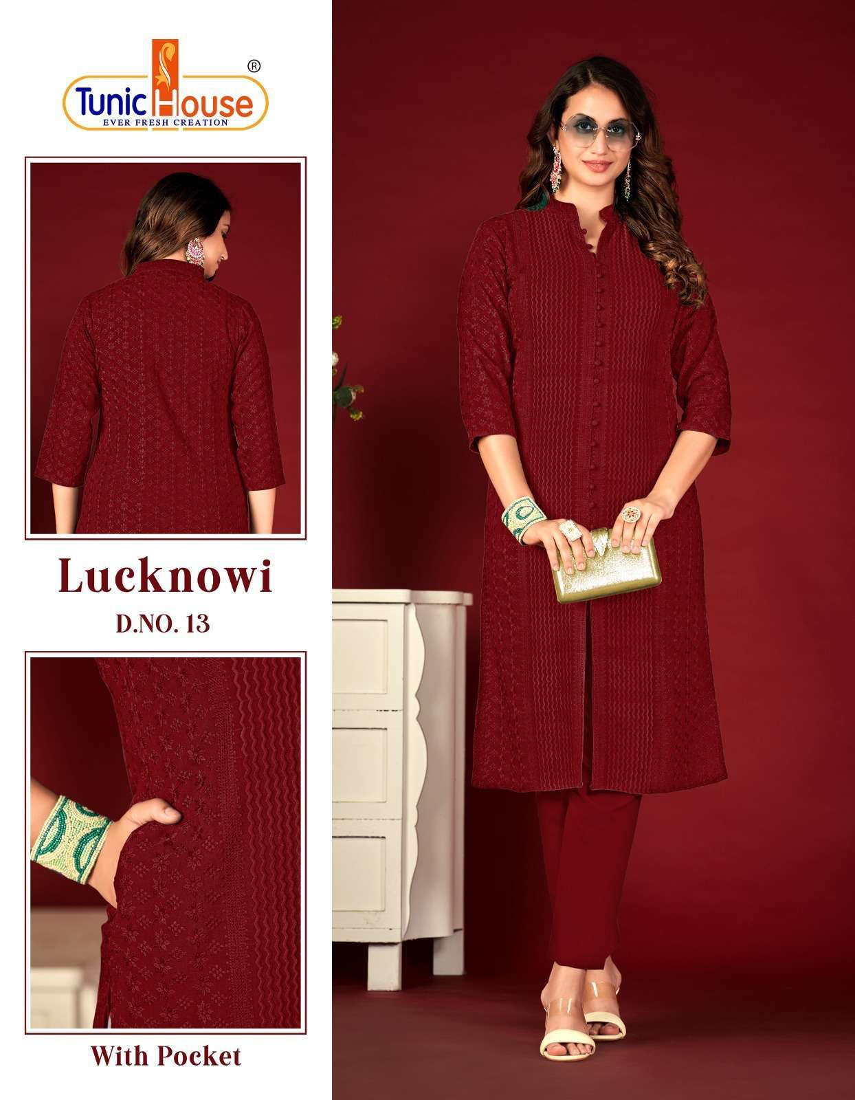 TUNIC HOUSE LUCKNOWI NEW COLORS HEVAY CHIKANKARI KURTI PANT DESIGN COLLECTION WHOLESALER 