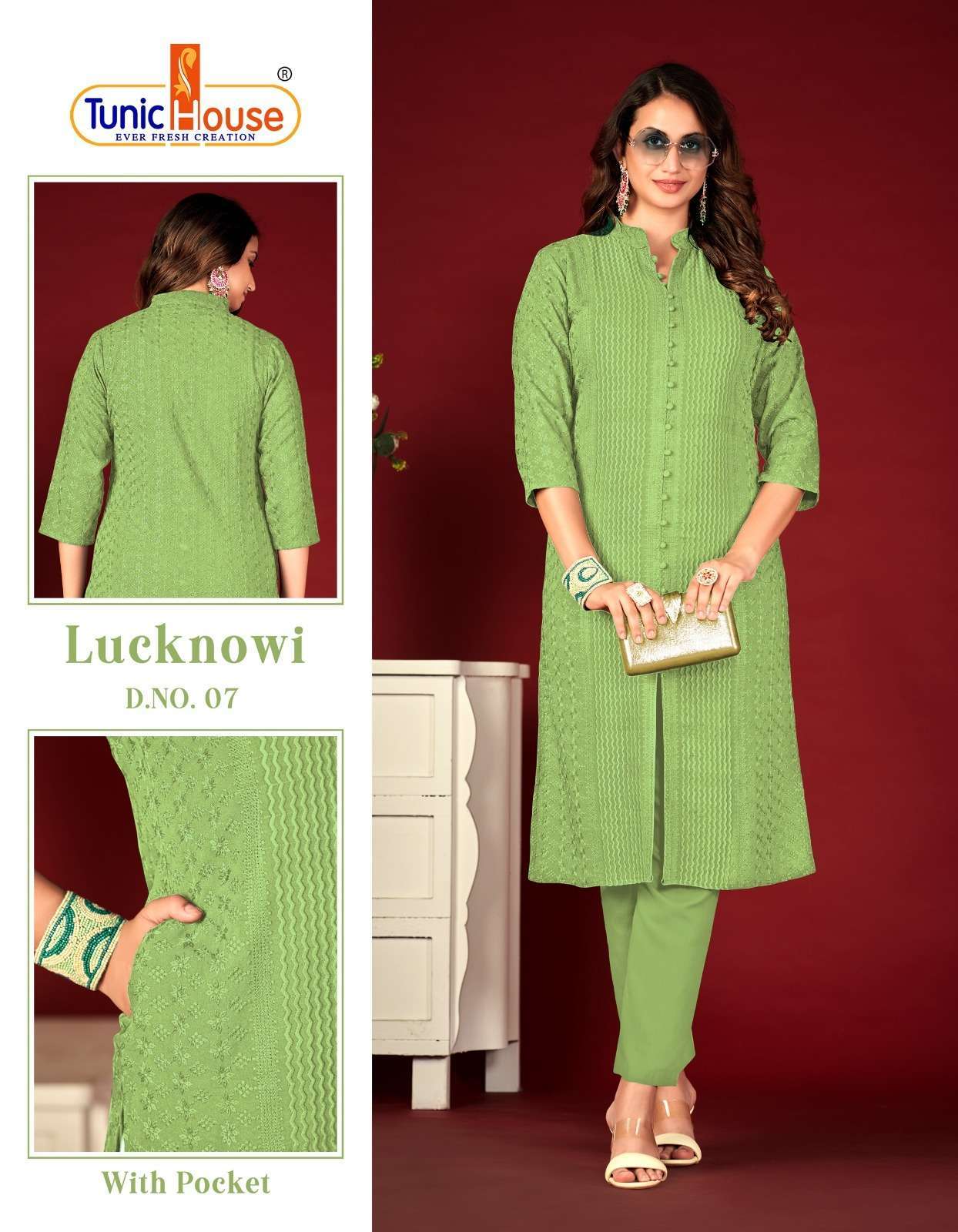 TUNIC HOUSE LUCKNOWI NEW COLORS HEVAY CHIKANKARI KURTI PANT DESIGN COLLECTION WHOLESALER 