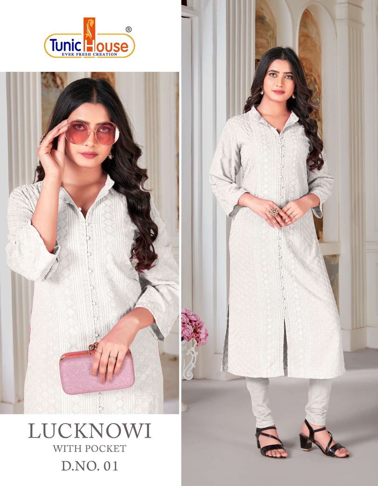 TUNIC HOUSE LUCKNOWI NEW COLORS HEVAY CHIKANKARI KURTI PANT DESIGN COLLECTION WHOLESALER 