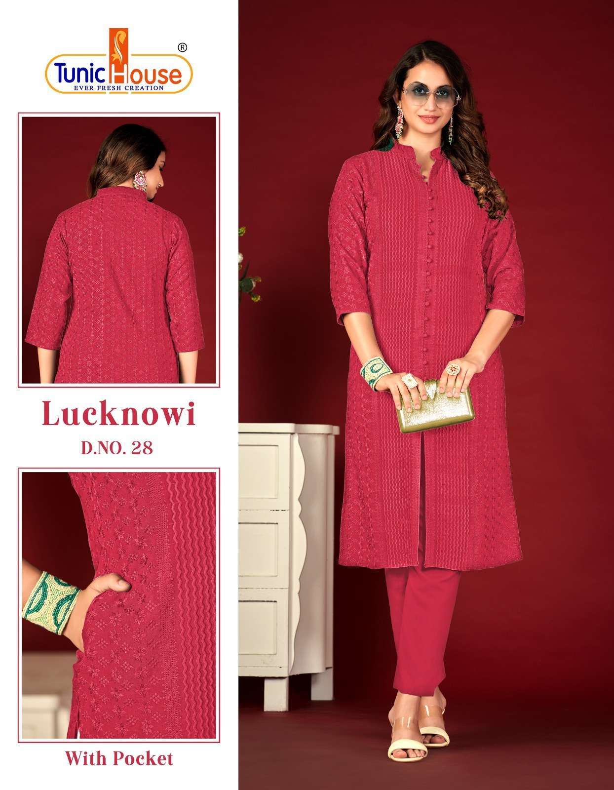 TUNIC HOUSE LUCKNOWI NEW COLORS HEVAY CHIKANKARI KURTI PANT DESIGN COLLECTION WHOLESALER 
