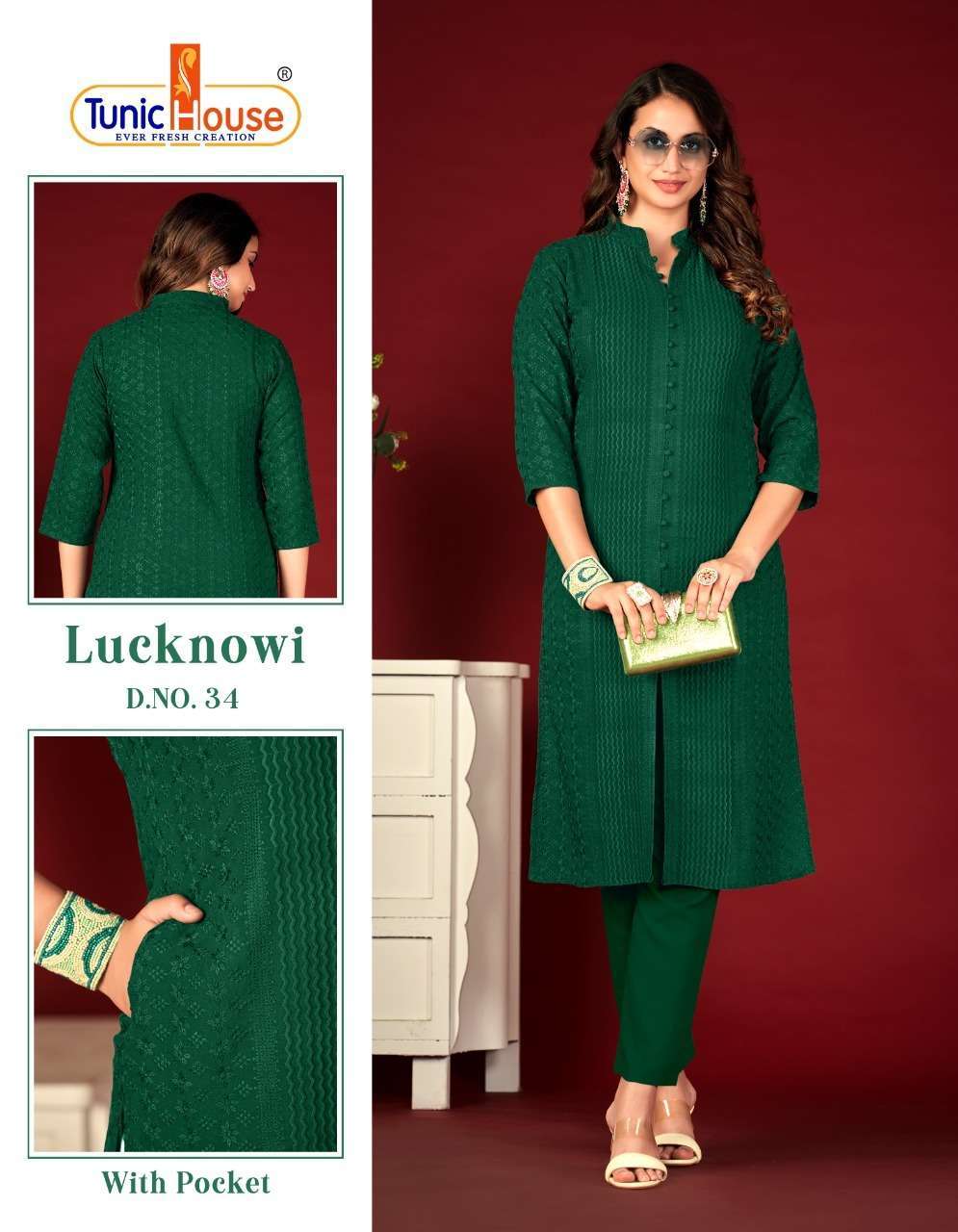 TUNIC HOUSE LUCKNOWI NEW COLORS HEVAY CHIKANKARI KURTI PANT DESIGN COLLECTION WHOLESALER 