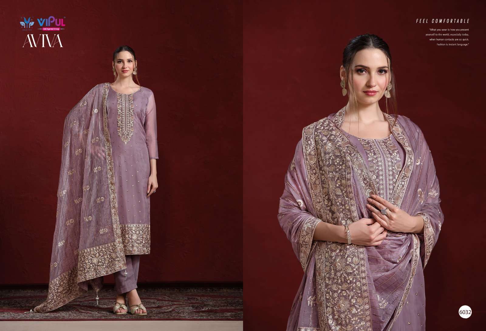 VIPUL FASHION AVIVA PARTYWEAR STYLE ORGANZA SUIT CATALOG WHOLESALER 