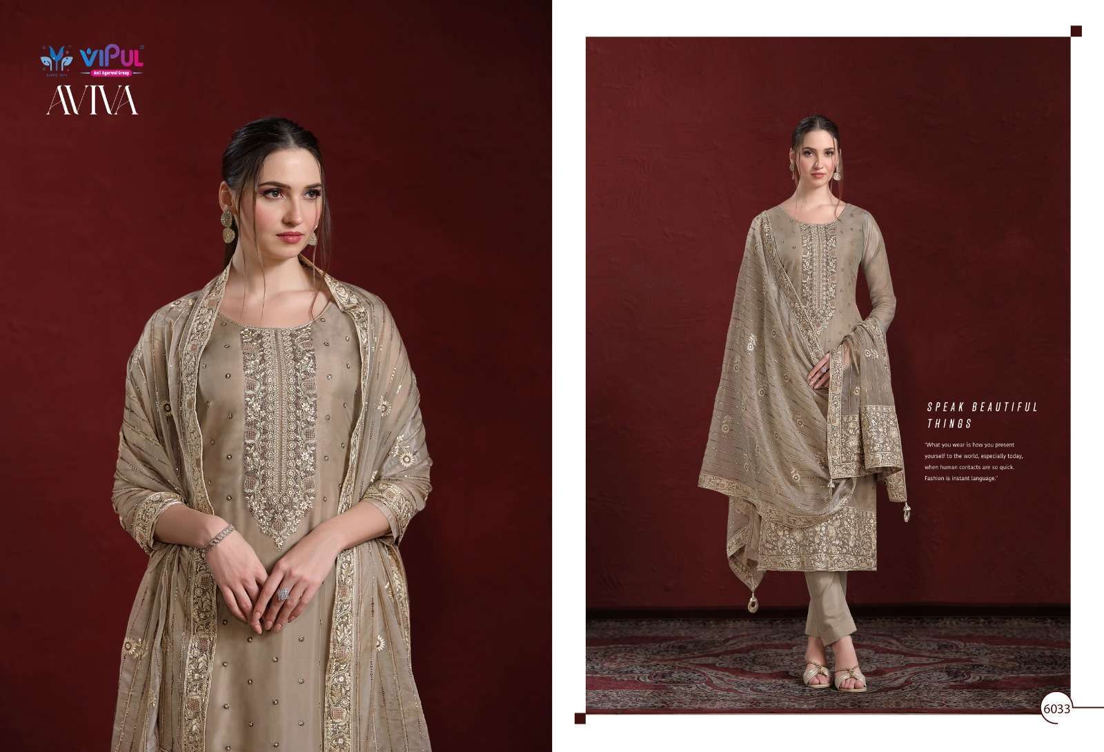 VIPUL FASHION AVIVA PARTYWEAR STYLE ORGANZA SUIT CATALOG WHOLESALER 