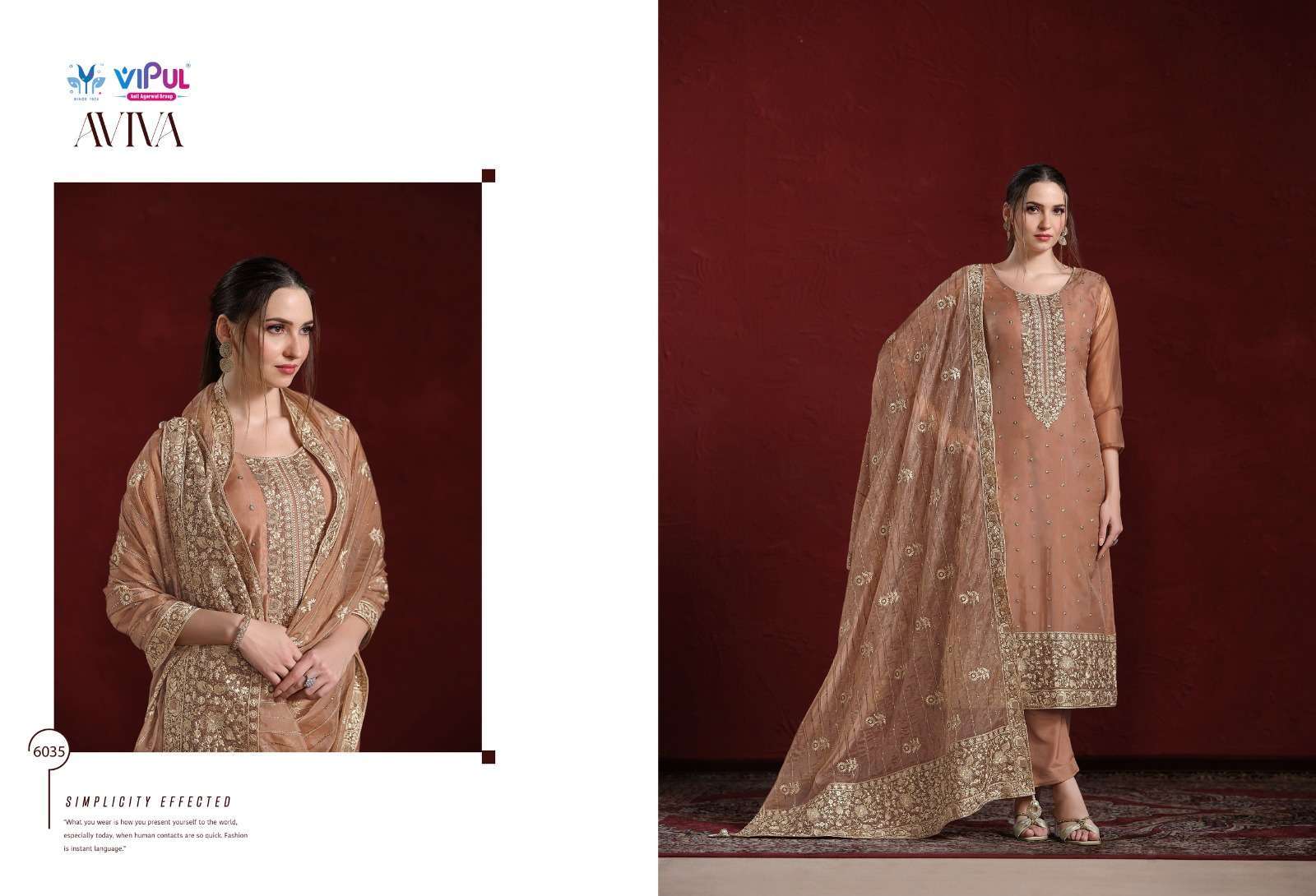 VIPUL FASHION AVIVA PARTYWEAR STYLE ORGANZA SUIT CATALOG WHOLESALER 