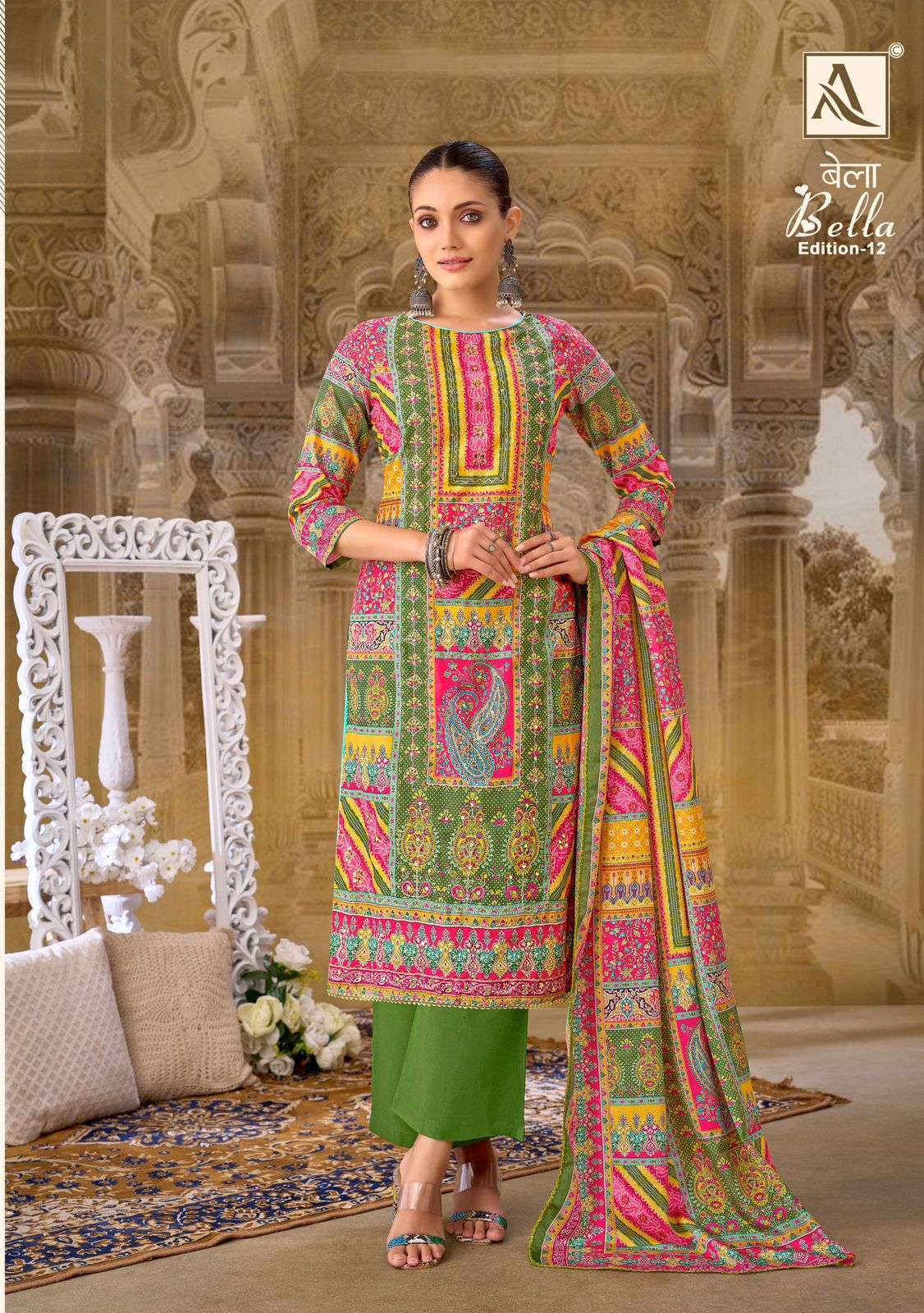 ALOK SUIT BELLA EDITION 12 PURE MUSLIN LADIES SUIT CATALOG EXPORTER IN SURAT 