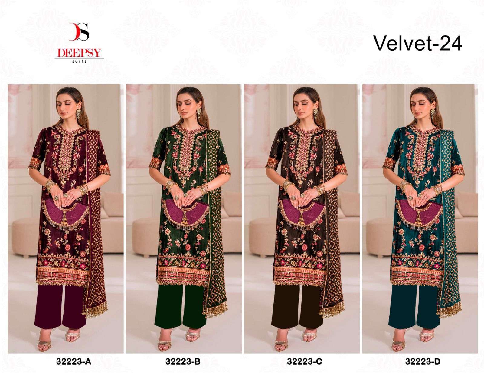 DEEPSY D 32223 COLORS PAKISTANI VELVET DESIGNER SUIT WEDDING COLLECTION WHOLESALER