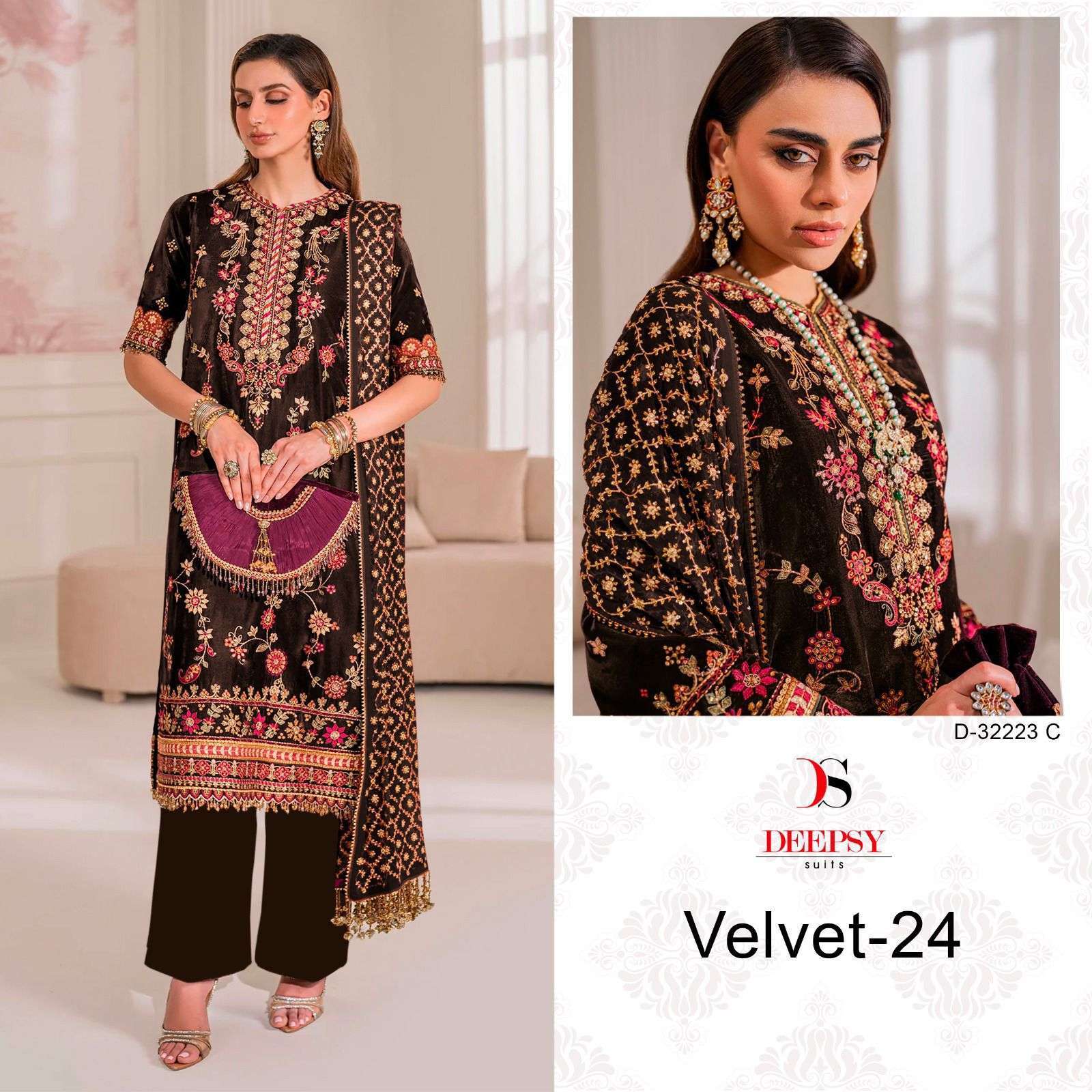 DEEPSY D 32223 COLORS PAKISTANI VELVET DESIGNER SUIT WEDDING COLLECTION WHOLESALER