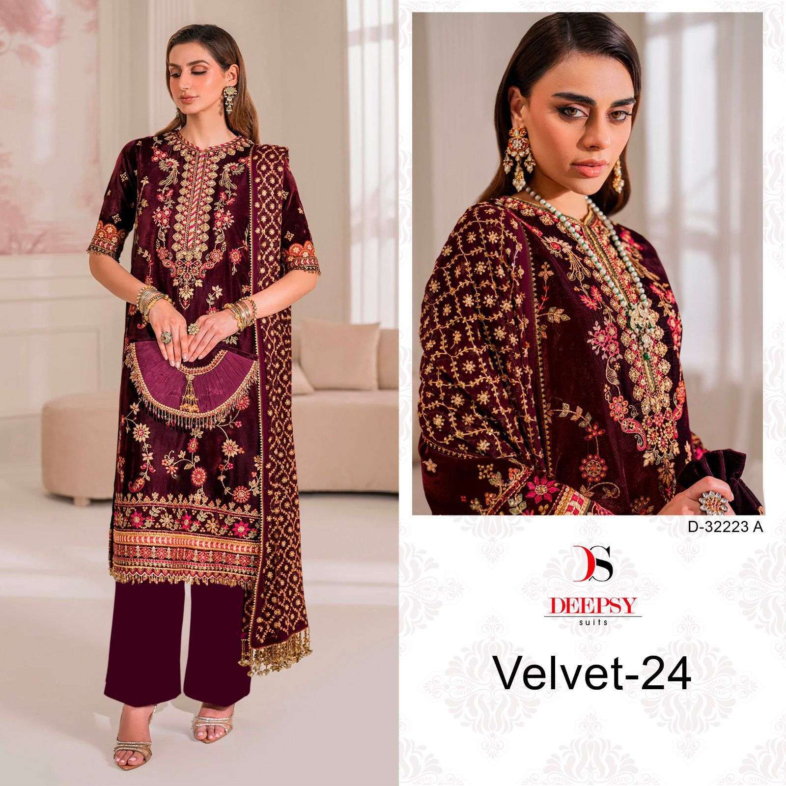 DEEPSY D 32223 COLORS PAKISTANI VELVET DESIGNER SUIT WEDDING COLLECTION WHOLESALER