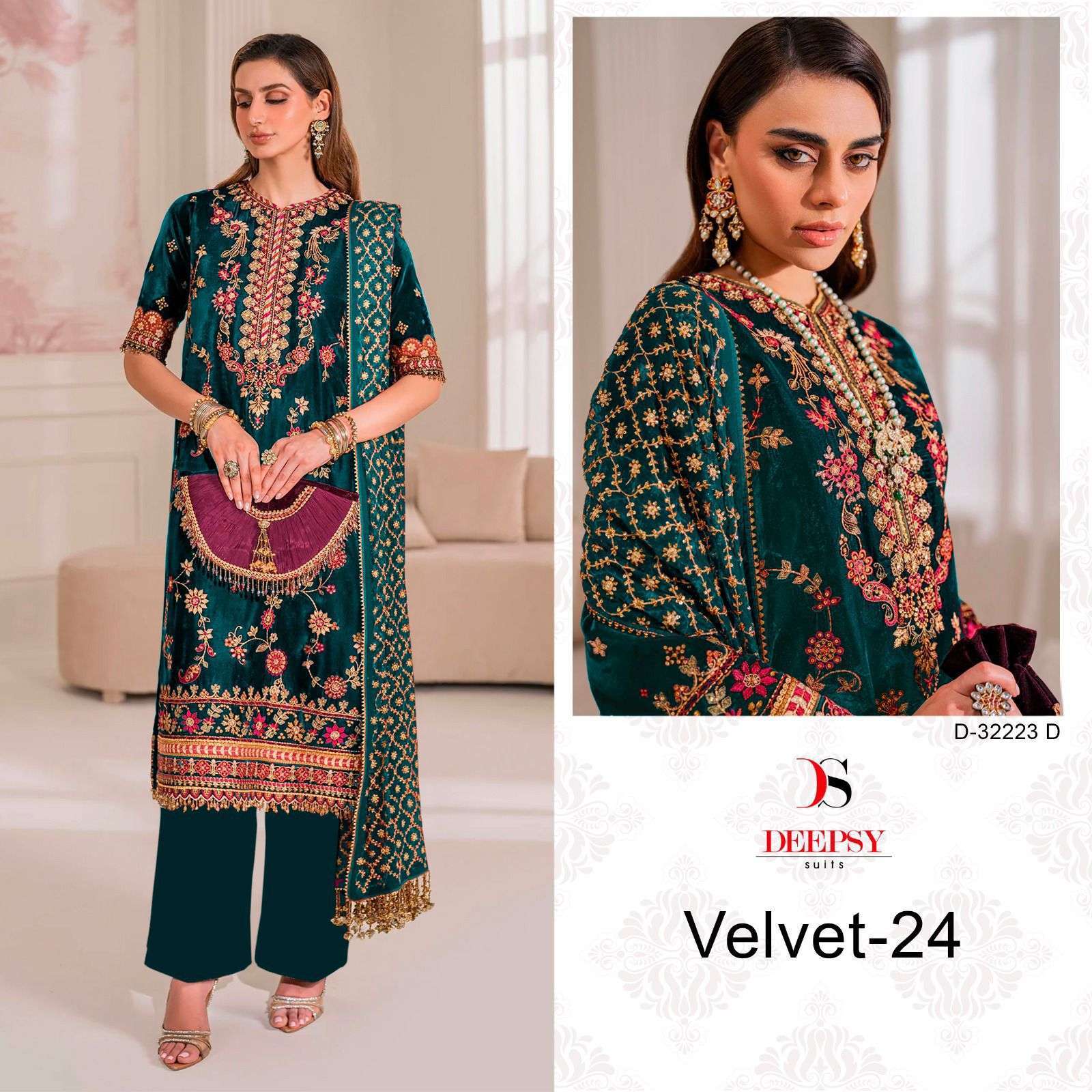 DEEPSY D 32223 COLORS PAKISTANI VELVET DESIGNER SUIT WEDDING COLLECTION WHOLESALER