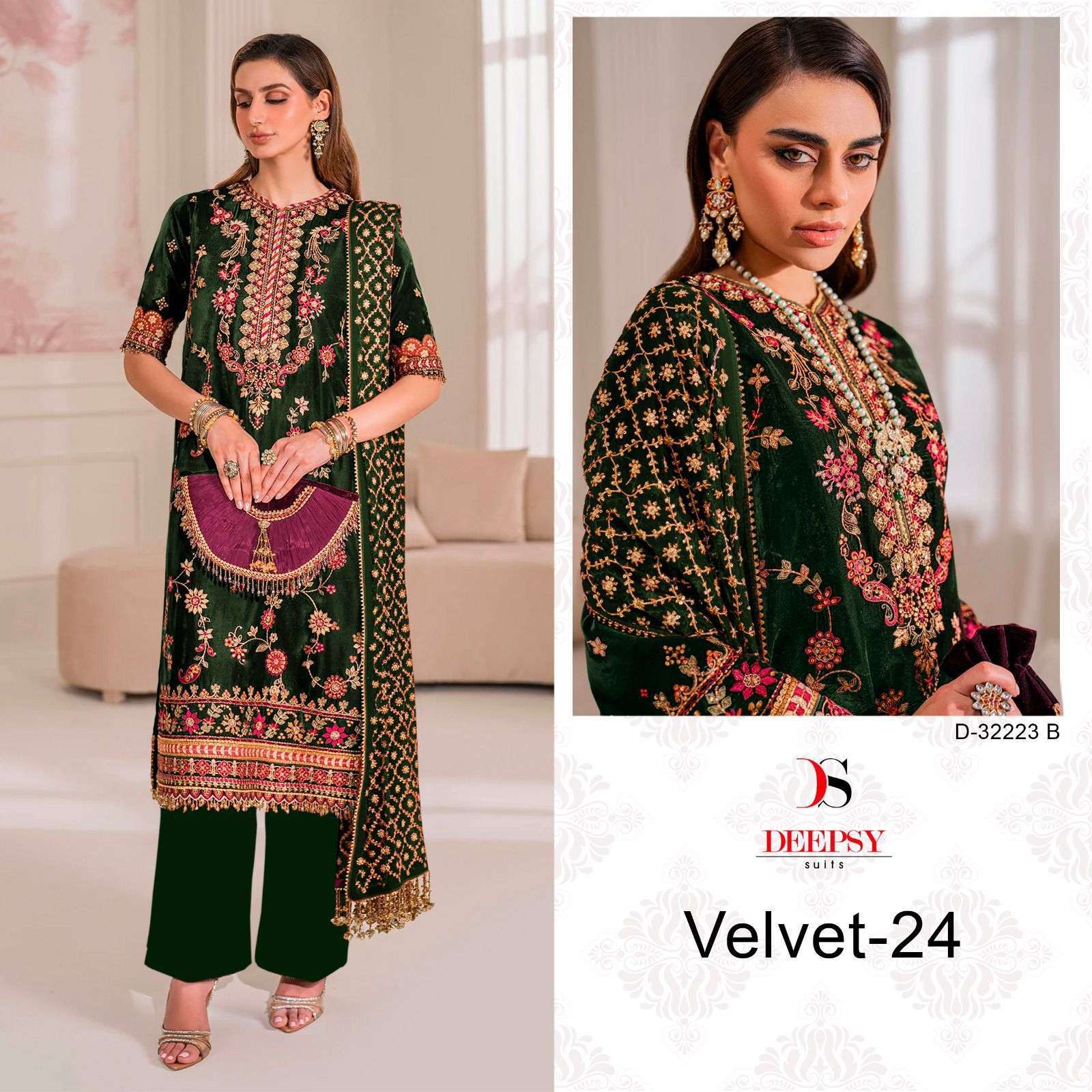DEEPSY D 32223 COLORS PAKISTANI VELVET DESIGNER SUIT WEDDING COLLECTION WHOLESALER