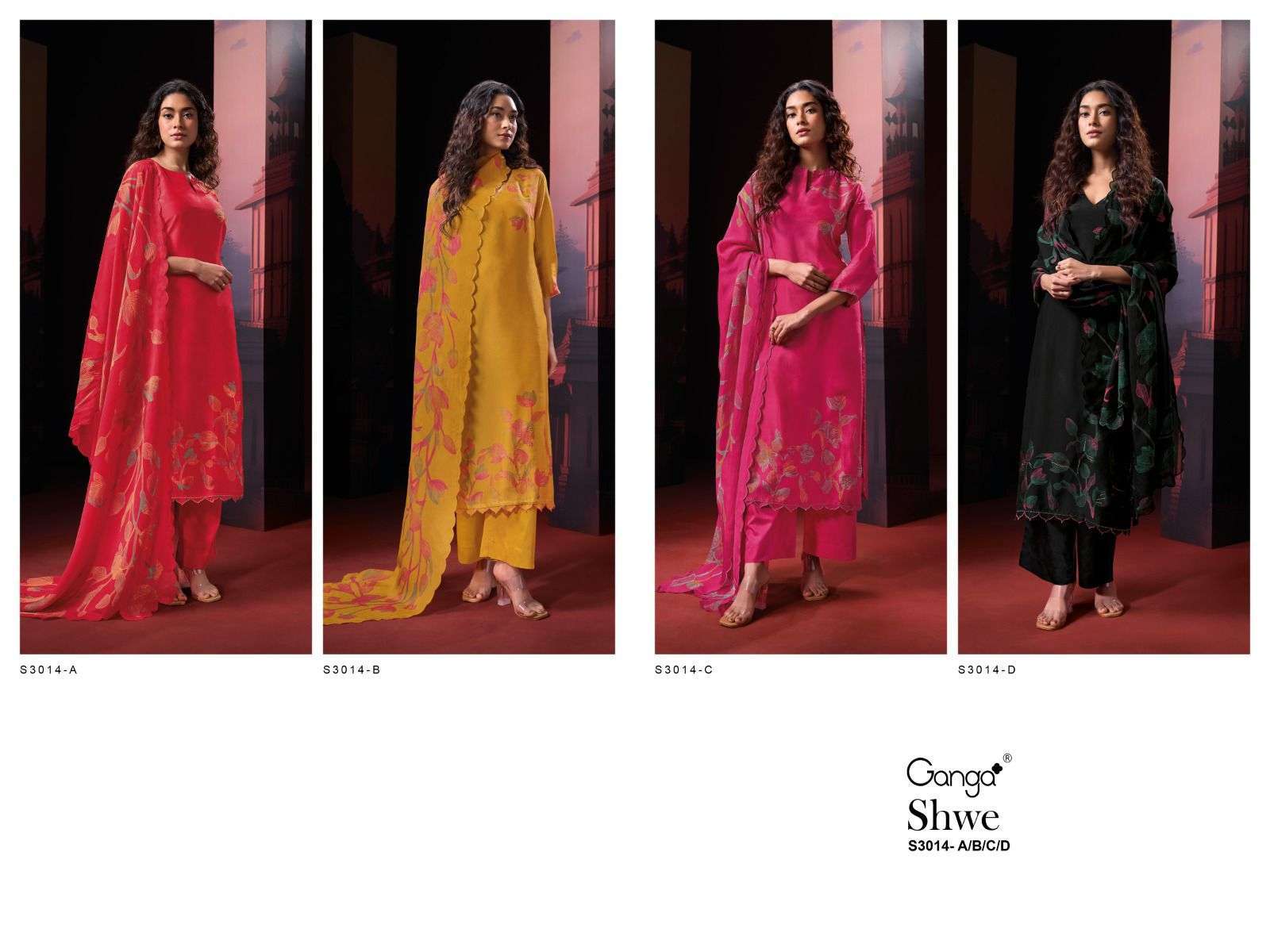 GANGA FASHION SHWE 3014 FANCY ORGANZA SILK LADIES SUIT CATALOG EXPORTER 2024