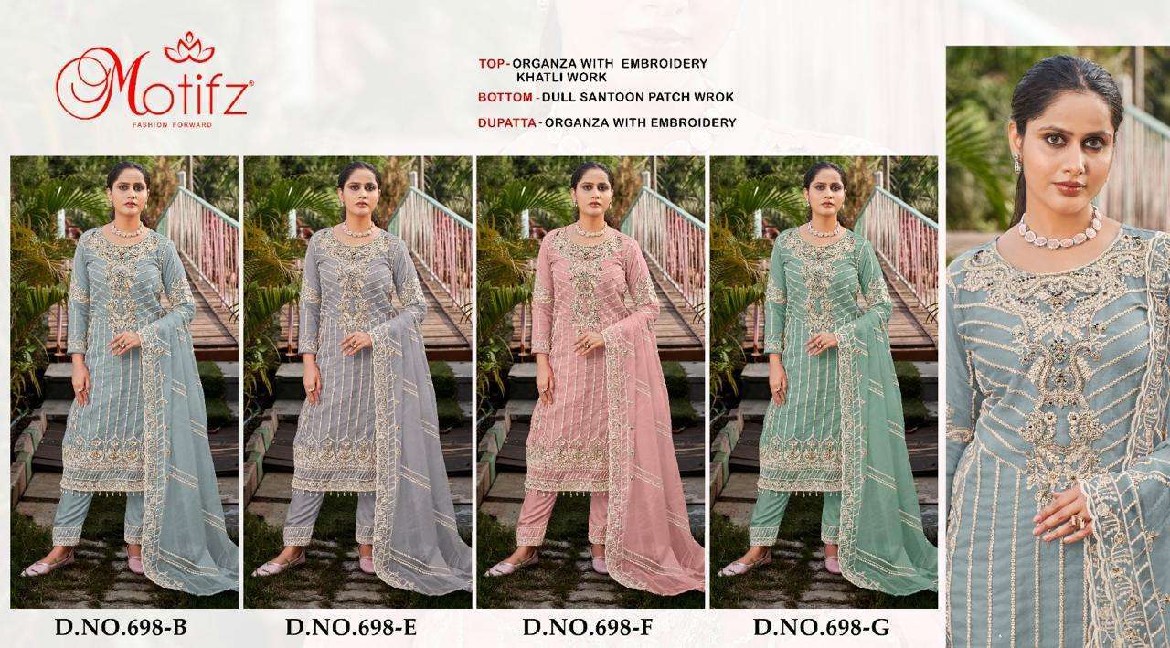 MOTIFZ D 698 COLORS PARTY WEAR ORGANZA SUIT PAKISTANI DESIGN WHOLESALER 