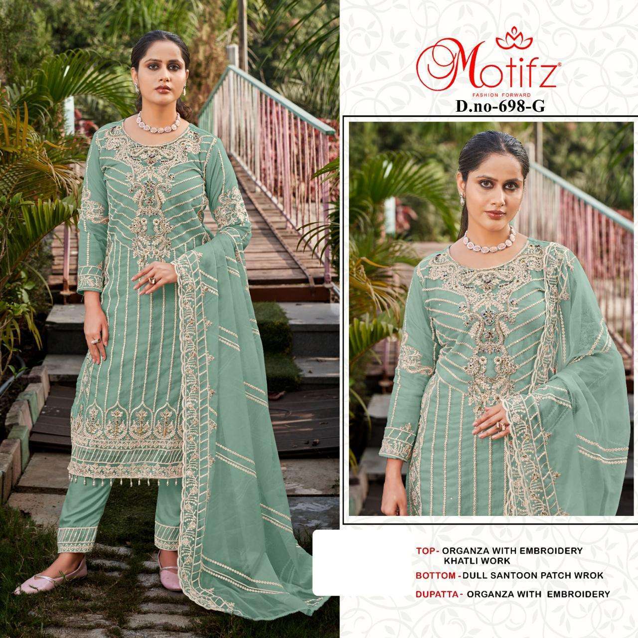 MOTIFZ D 698 COLORS PARTY WEAR ORGANZA SUIT PAKISTANI DESIGN WHOLESALER 