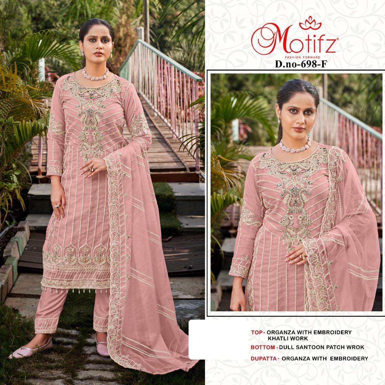 MOTIFZ D 698 COLORS PARTY WEAR ORGANZA SUIT PAKISTANI DESIGN WHOLESALER 