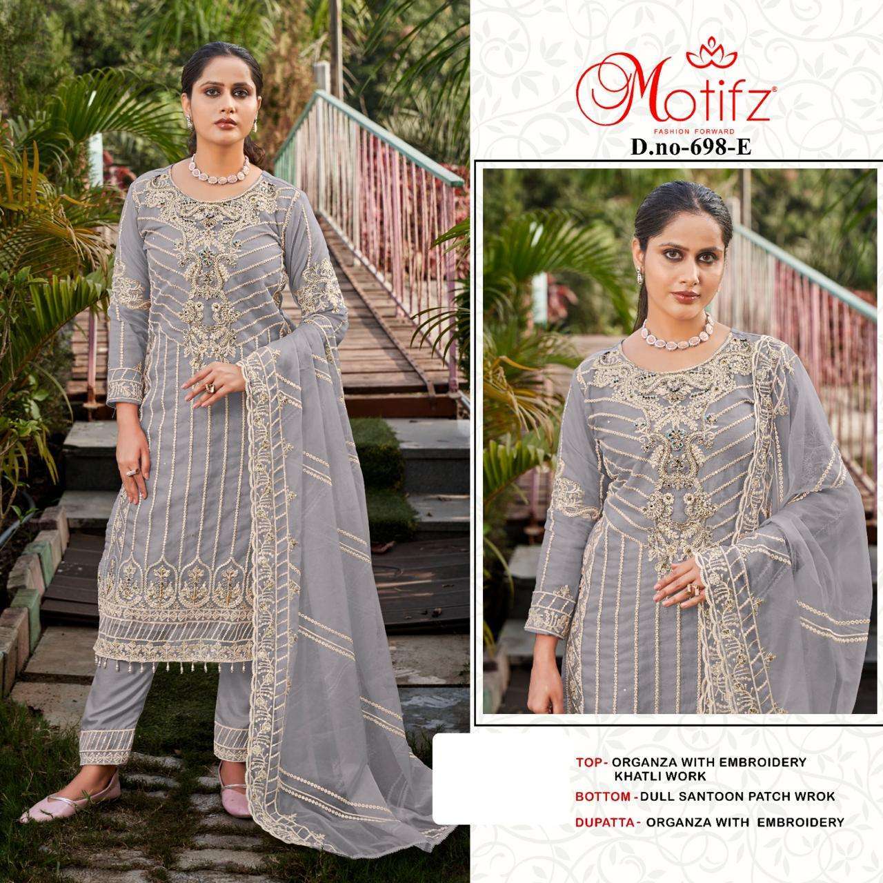 MOTIFZ D 698 COLORS PARTY WEAR ORGANZA SUIT PAKISTANI DESIGN WHOLESALER 