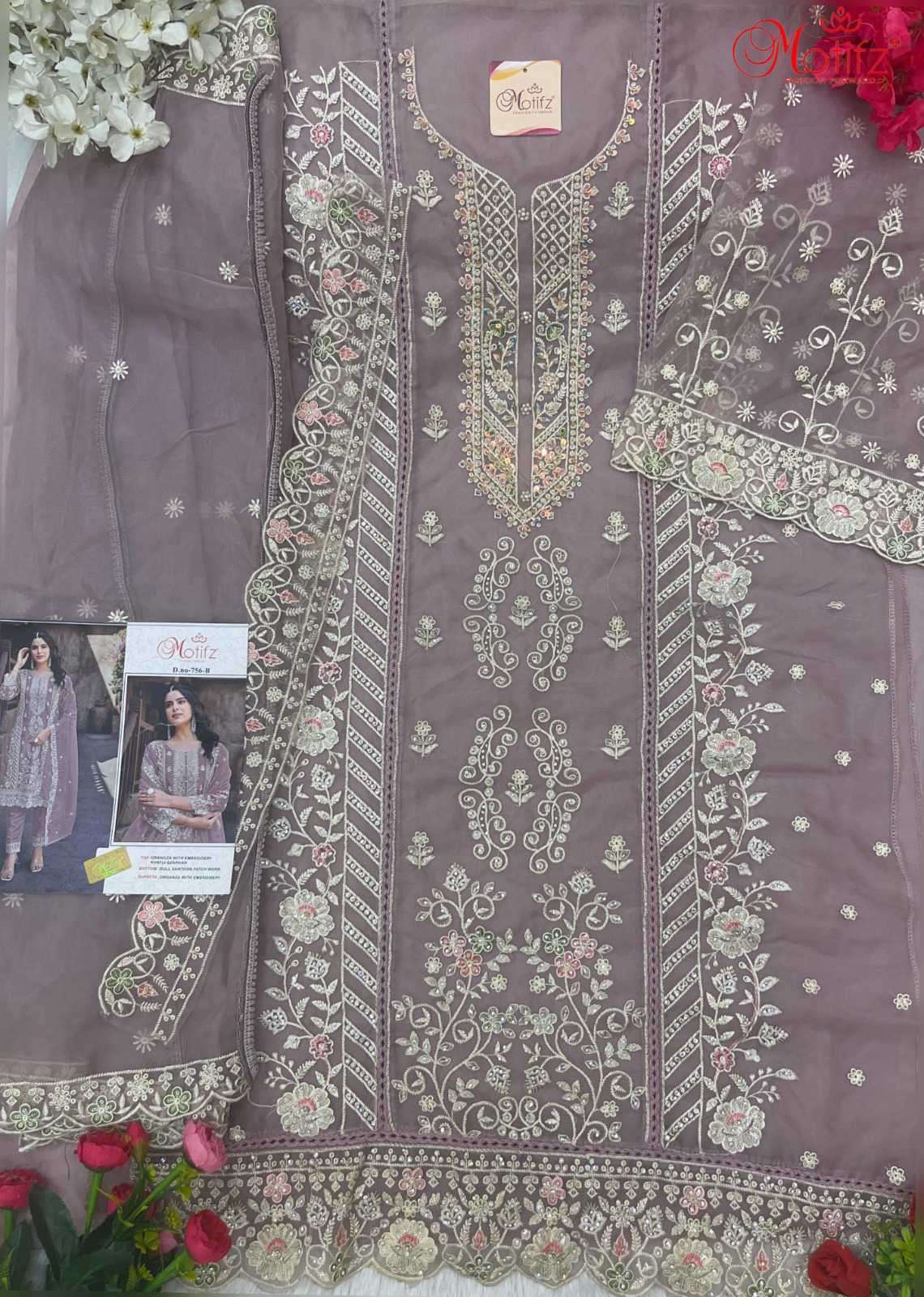 MOTIFZ D 756 COLORS HEAVY ORGANZA DESIGNER PAKISATNI SUIT EXPORTER 2024