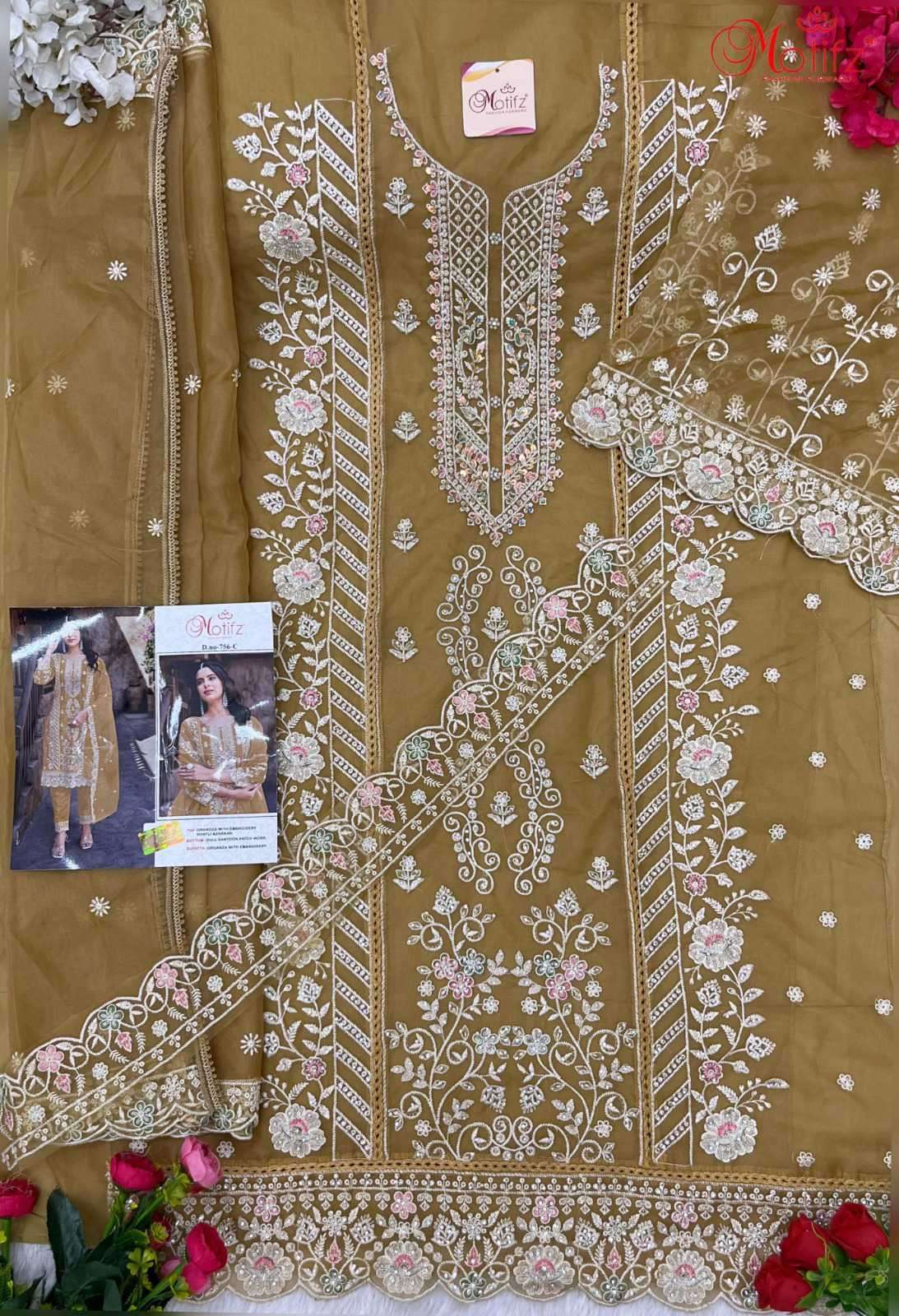 MOTIFZ D 756 COLORS HEAVY ORGANZA DESIGNER PAKISATNI SUIT EXPORTER 2024
