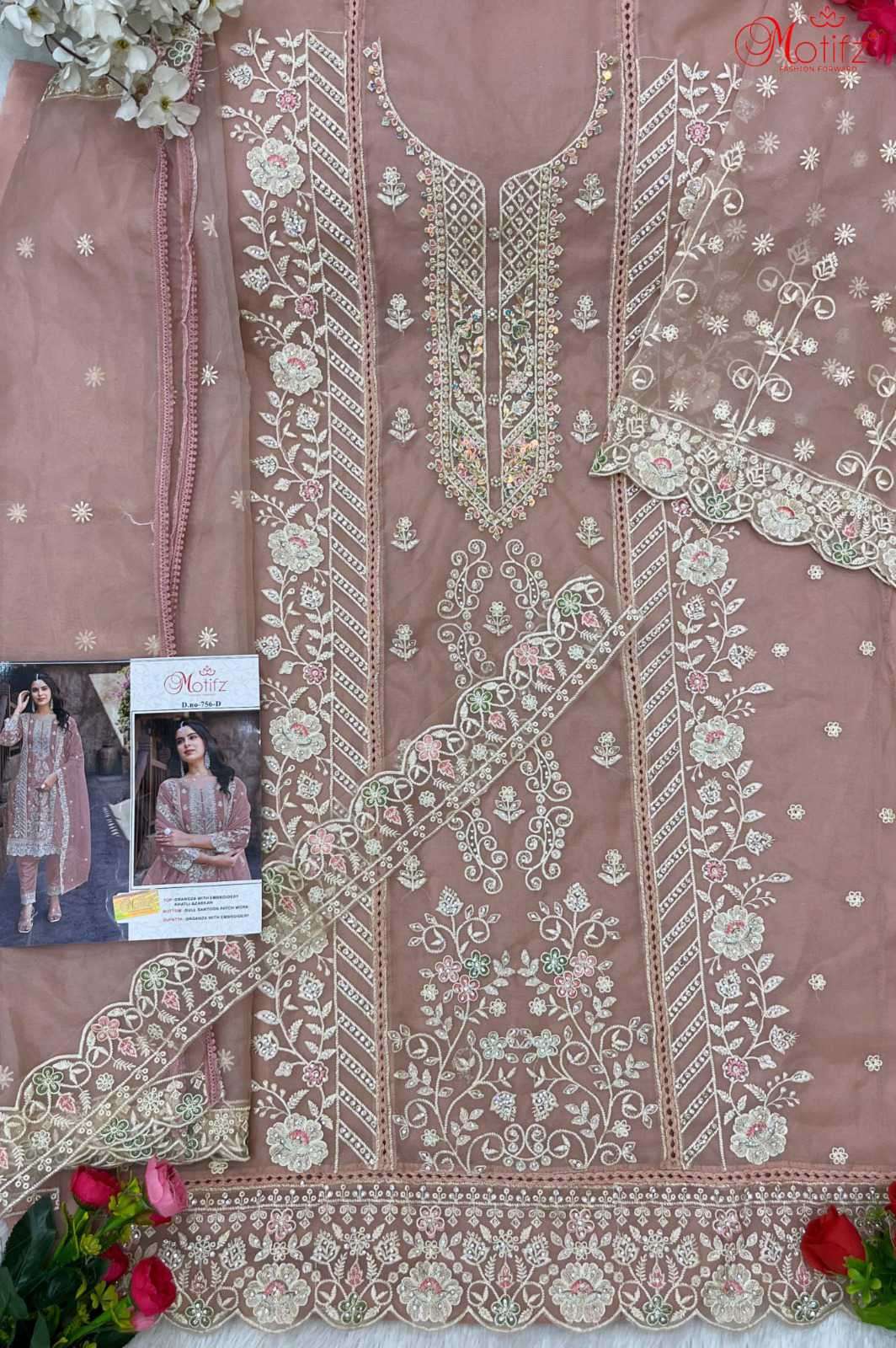 MOTIFZ D 756 COLORS HEAVY ORGANZA DESIGNER PAKISATNI SUIT EXPORTER 2024