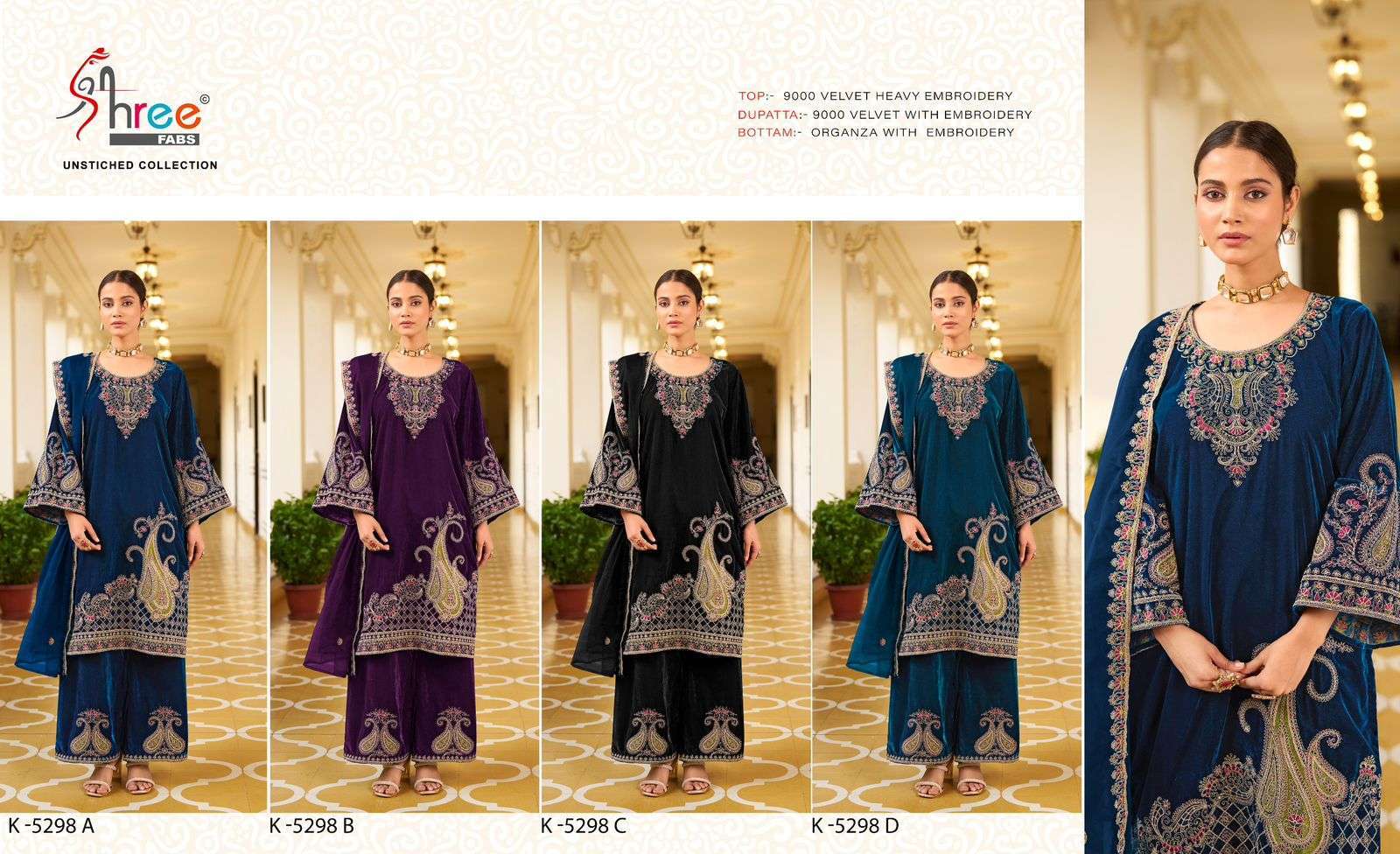 SHREE FAB K 5298 COLORS LATEST DESIGNER VELVET SUIT CATALOG EXPORTER 2024