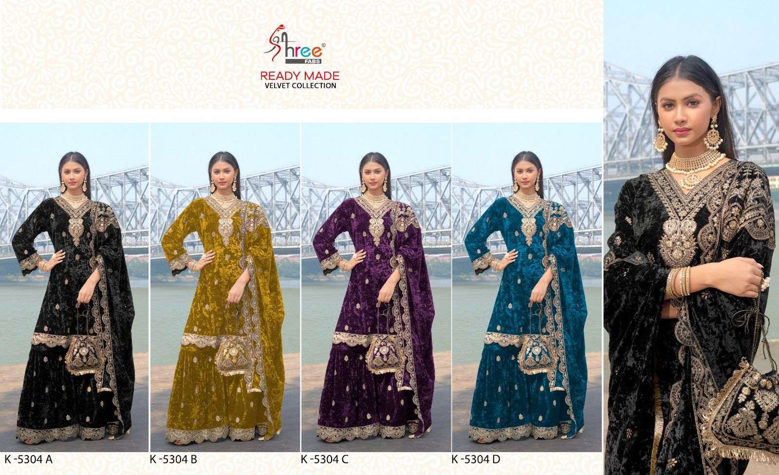 SHREE FAB K 5304 COLORS PARTY WEAR VELVET SHARARA DRESS WHOLESALE PRICE DEALER 