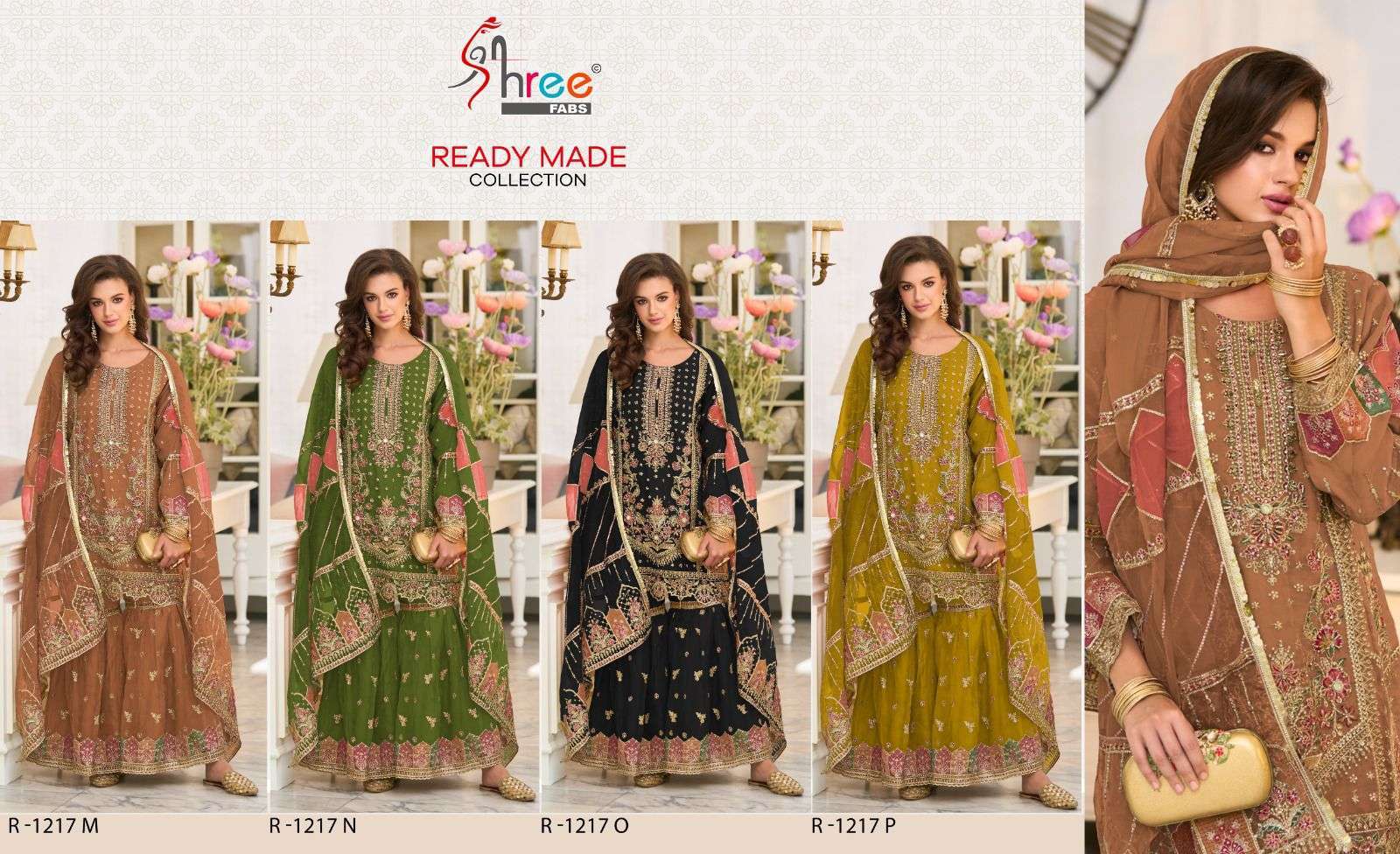 SHREE FAB R 1217 COLORS VOL 3 DESIGNER ORGANZA READYMADE PAKISTANI SUIT COLLECTION WHOLESALE PRICE 