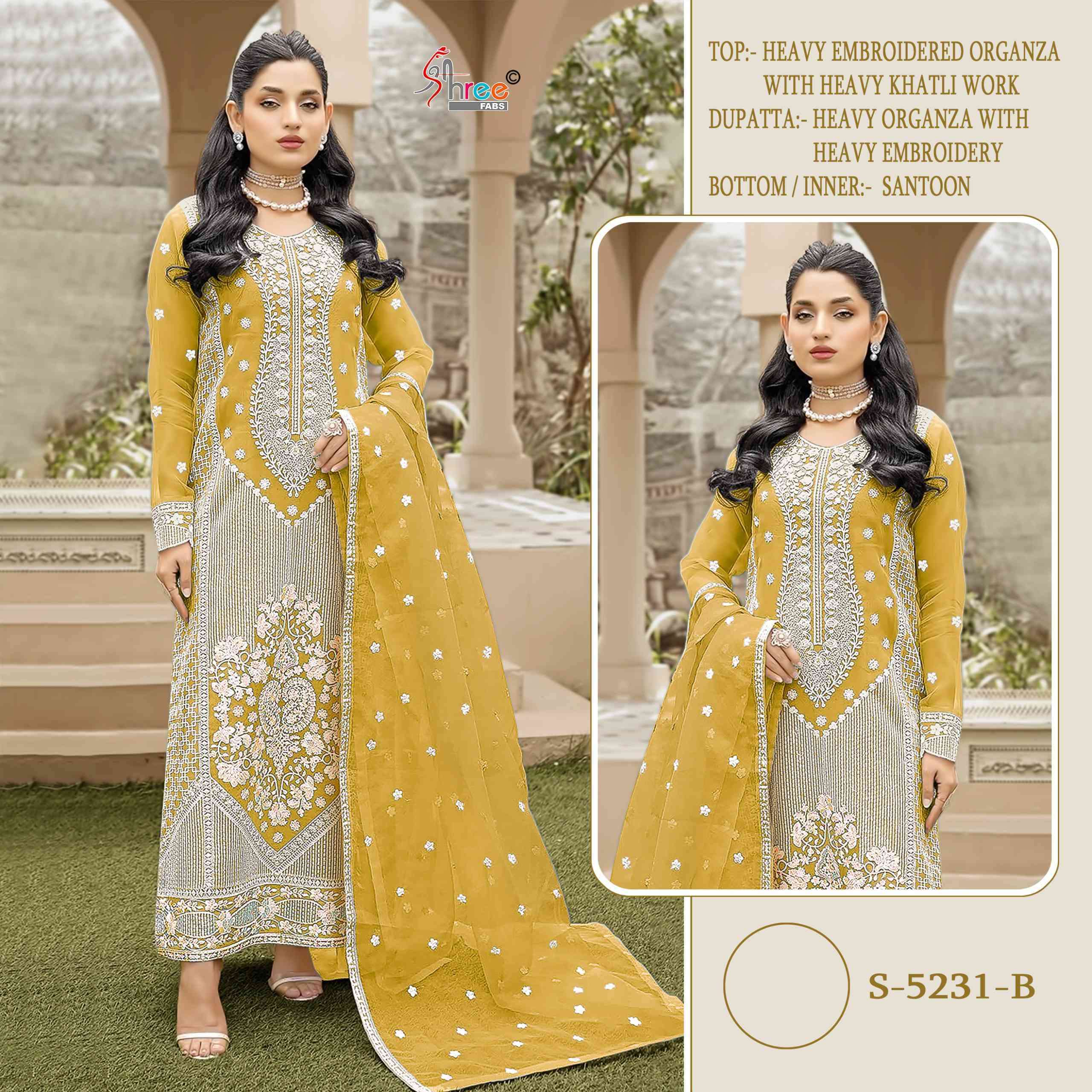 SHREE FAB S 5231 COLORS HEAVY ORGANZA EMBROIDERY PAKISTANI SUIT WHOLESALER IN SURAT 