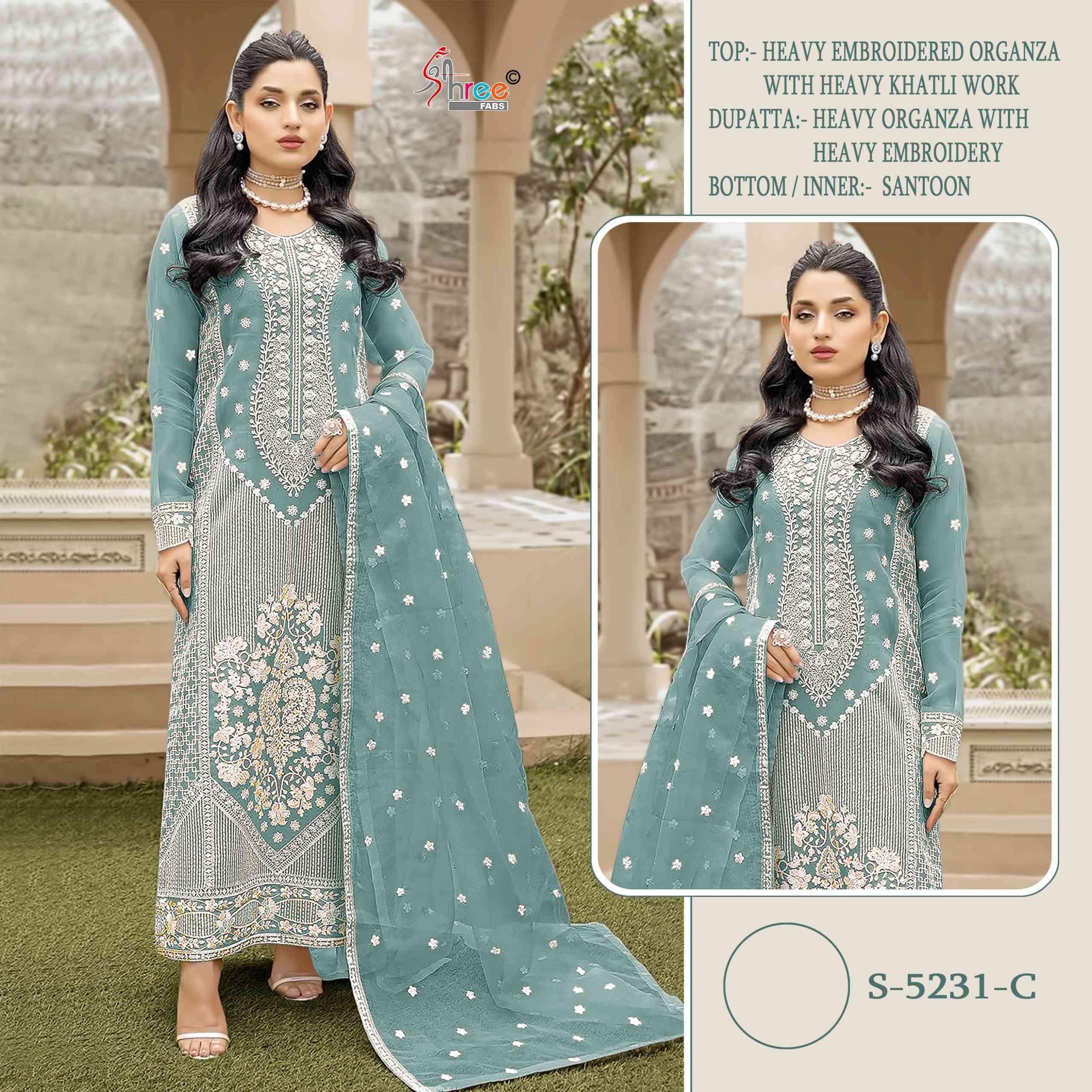 SHREE FAB S 5231 COLORS HEAVY ORGANZA EMBROIDERY PAKISTANI SUIT WHOLESALER IN SURAT 