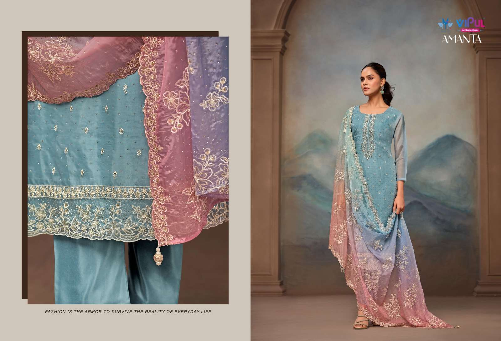 VIPUL FASHION AMANTA DESIGNER ORGANZA SUIT CATALOG SUPPLIER BEST RATE 