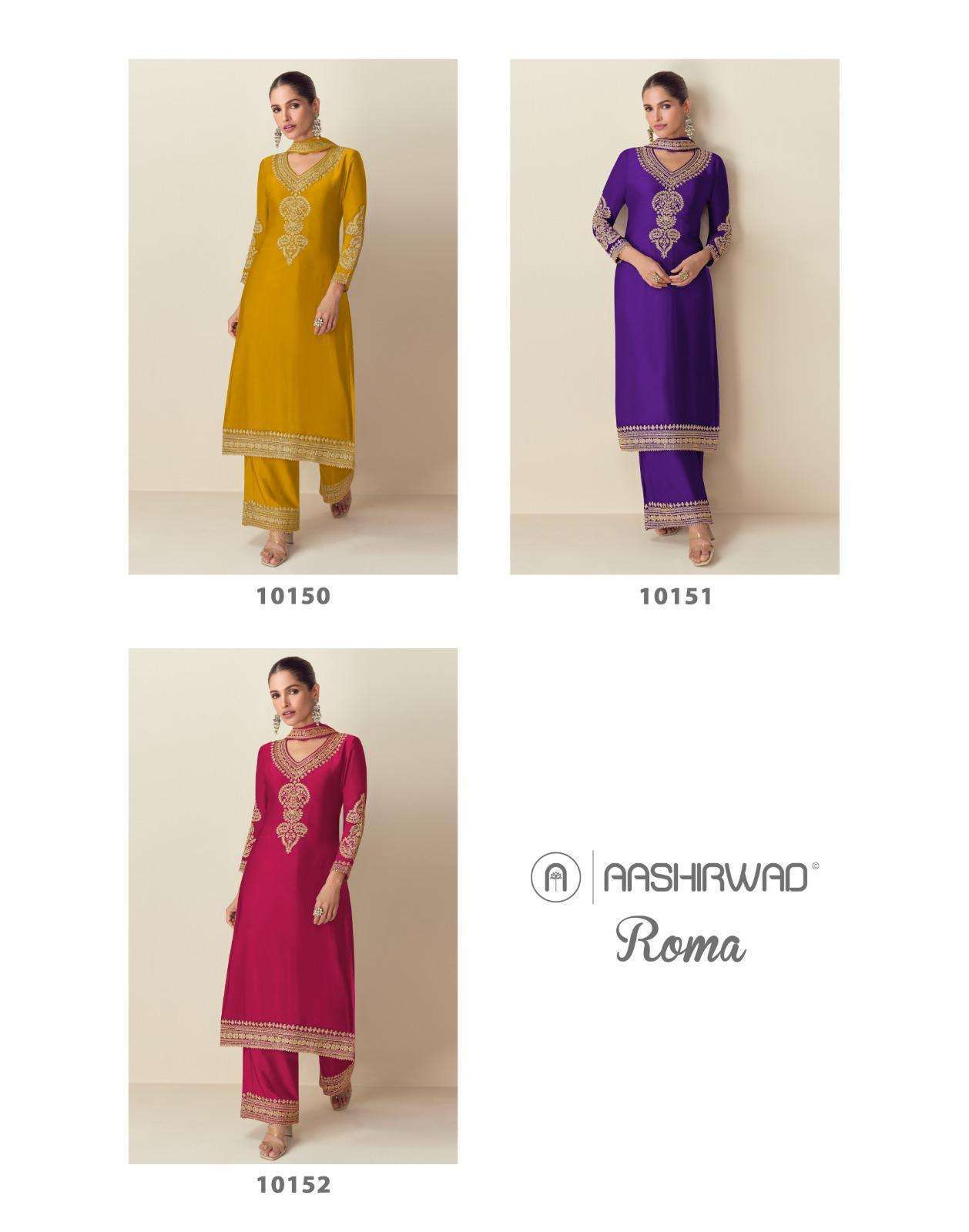 AASHIRWAD ROMA 10150 TO 10152 CHINON SILK DESIGNER SUIT CATALOGUE EXPORTER 2024